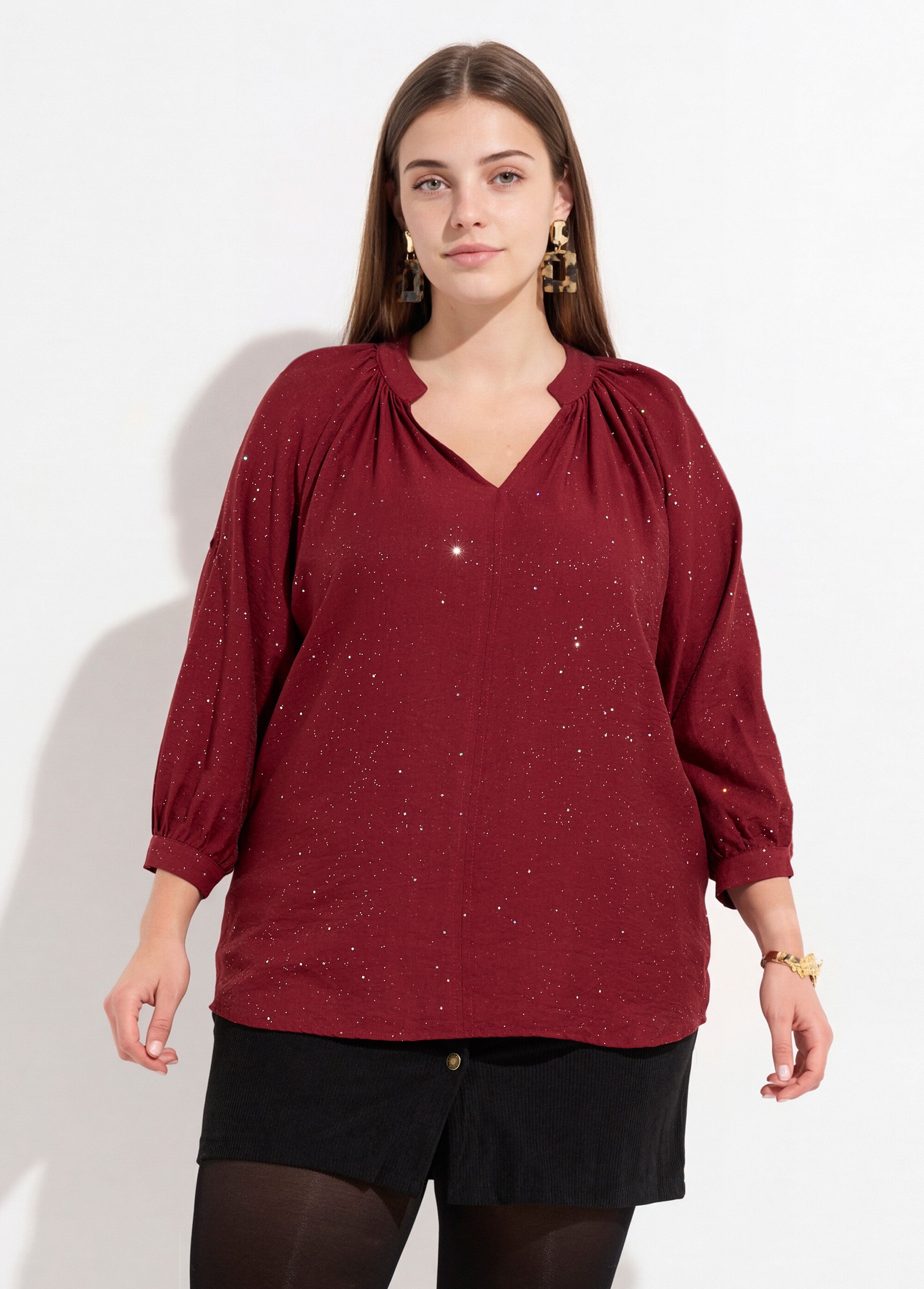 Chemisier uni pailleté et plissé, col V Femme Grande Taille Rouge CHY-F612-4 FA1