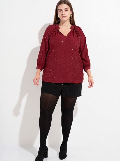 Chemisier uni pailleté et plissé, col V Femme Grande Taille Rouge CHY-F612-4 SF1