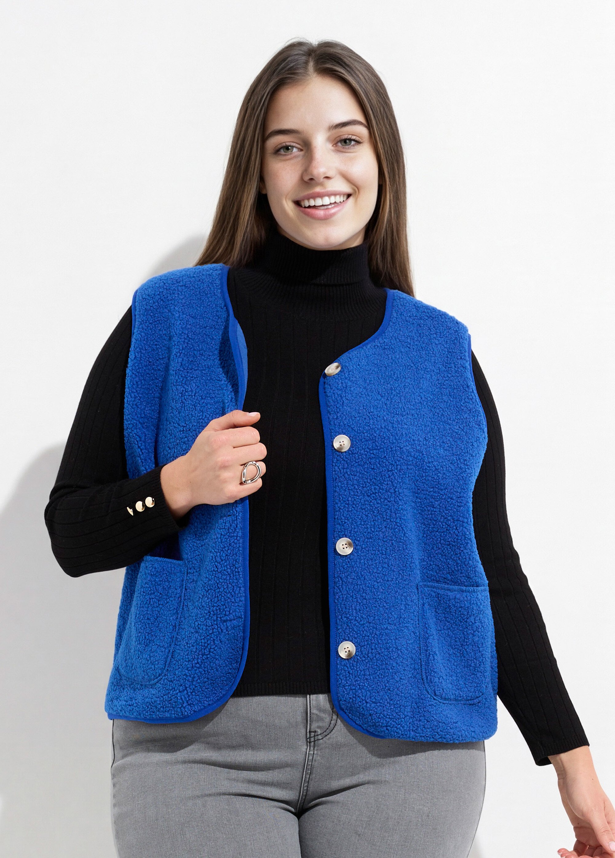 Gilet de berger sans manches, sherpa uni Femme Grande Taille Bleu MA-M286-1677 FA1