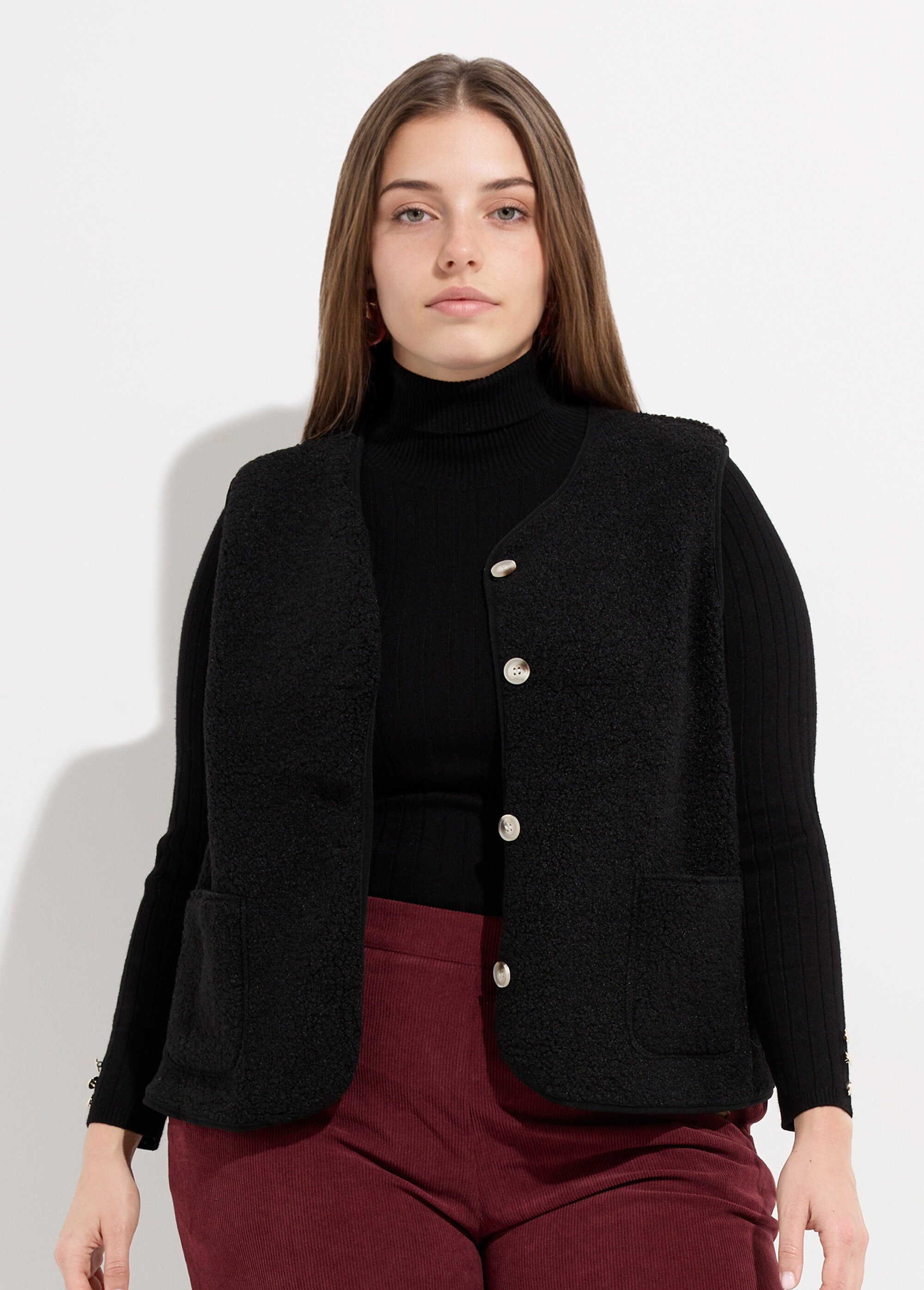 Gilet de berger sans manches, sherpa uni Femme Grande Taille Noir MA-M286-1677 FA1