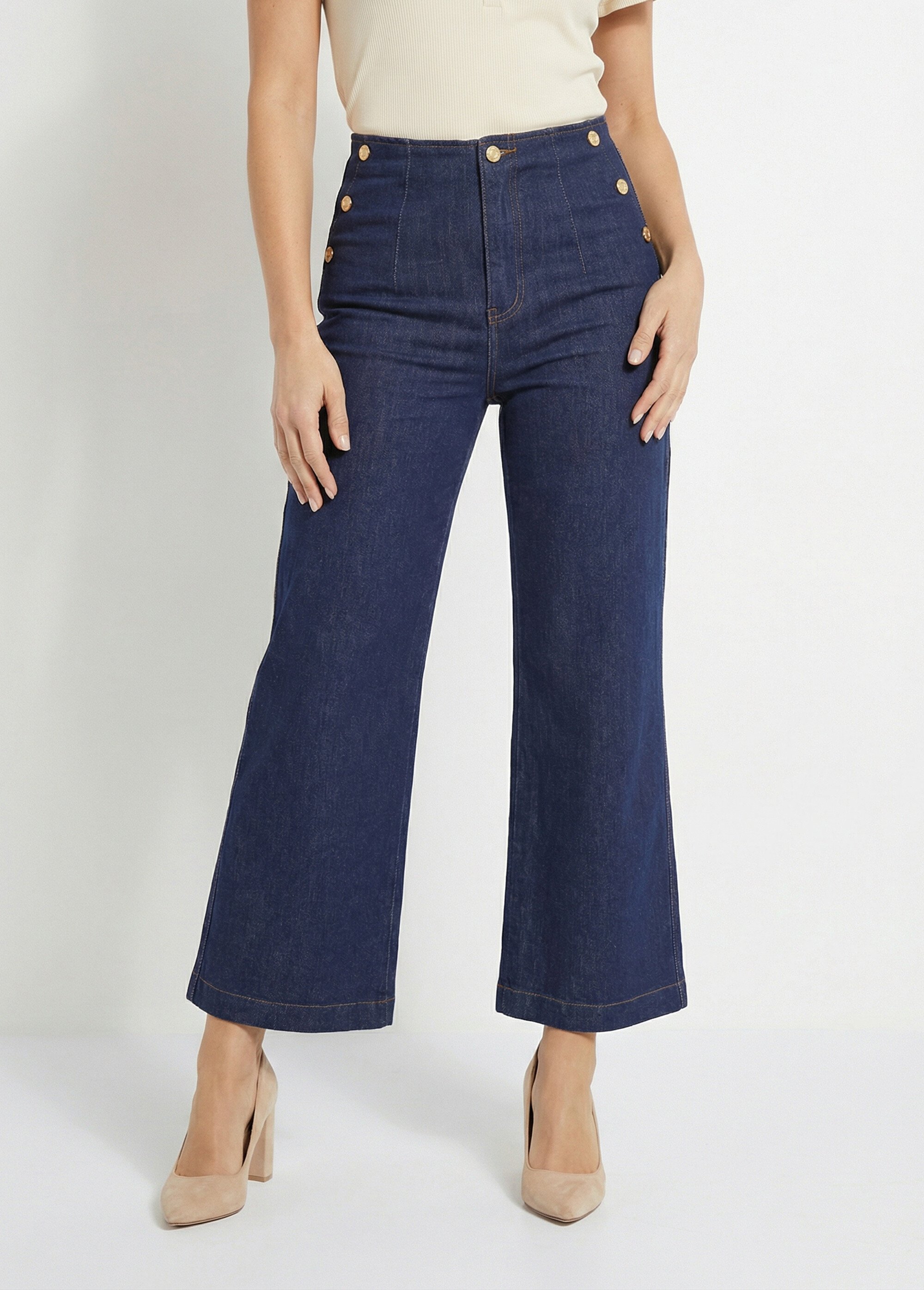 Jean cintré coupe large, spécial PETITE Femme Bleu OR-JD484 FA1