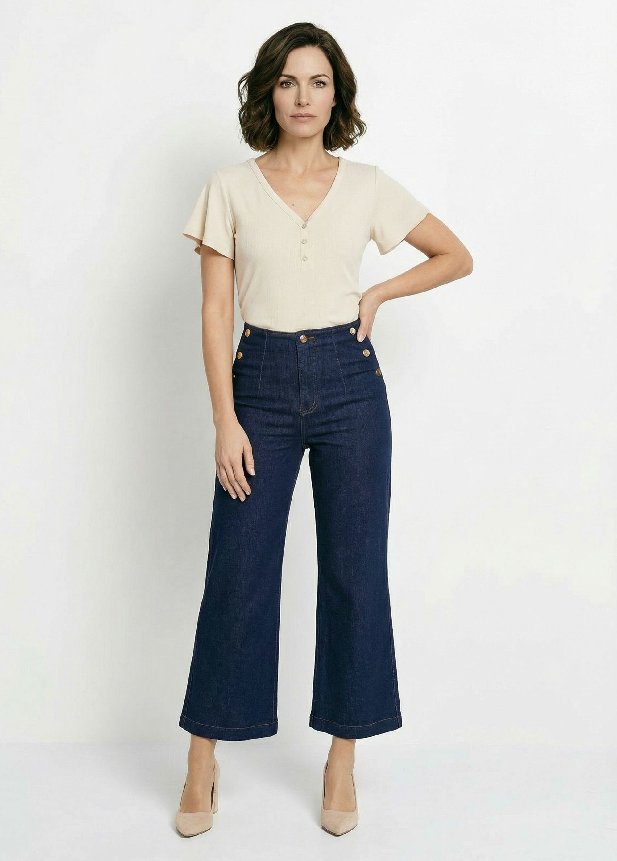 Jean cintré coupe large, spécial PETITE Femme Bleu OR-JD484 MV1