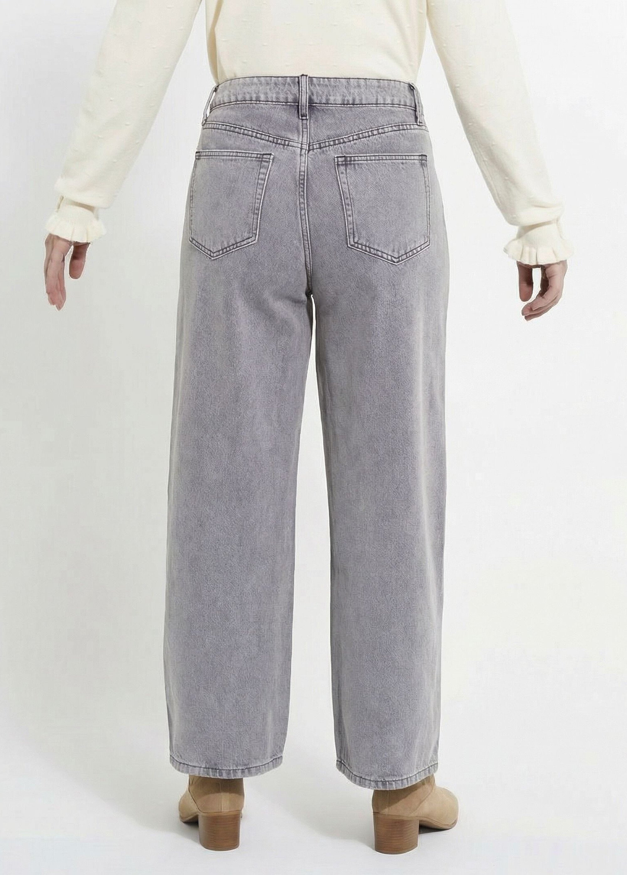 Jean cropped coupe large et taille haute Femme Gris OR-JD485 DO1