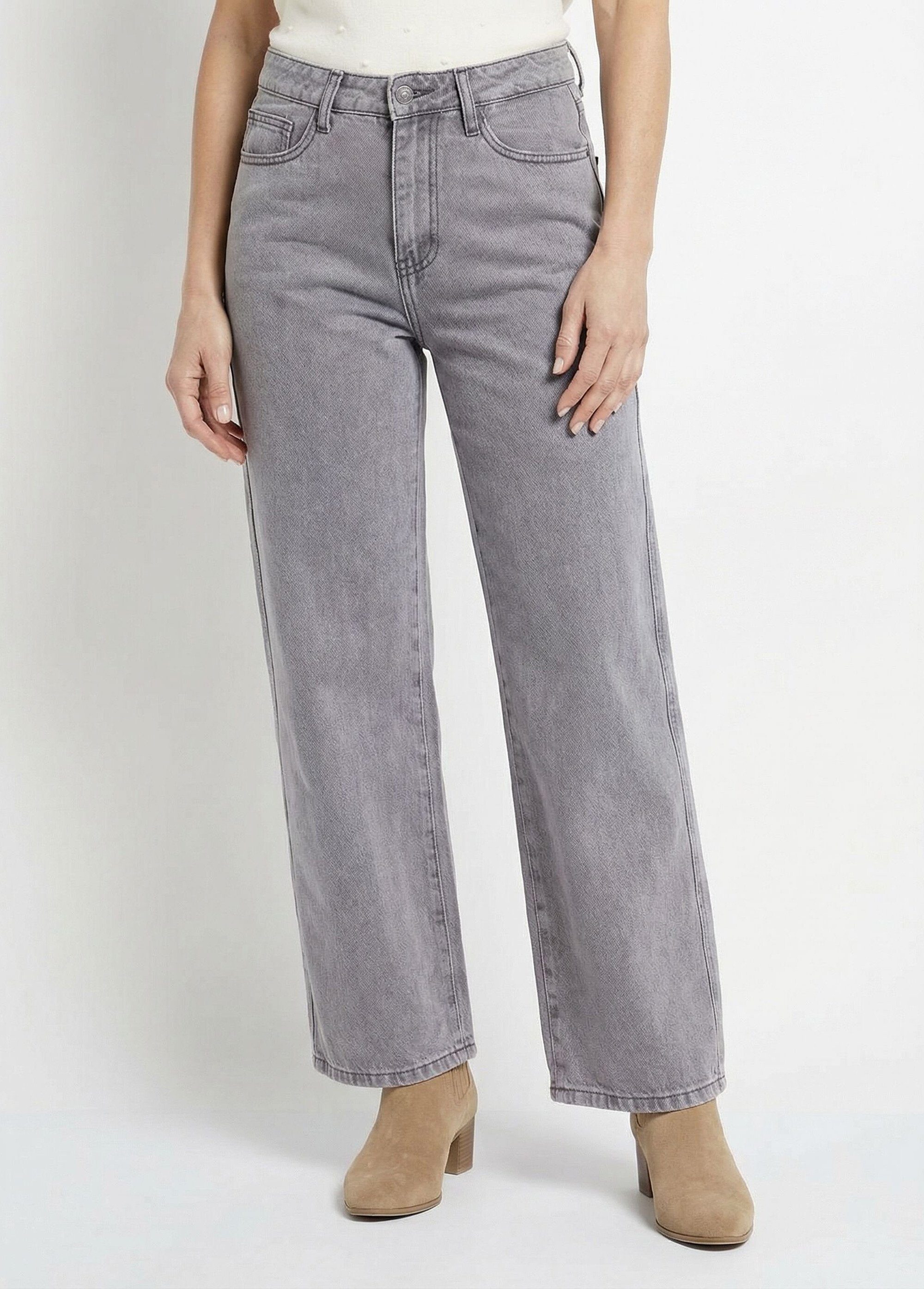 Jean cropped coupe large et taille haute Femme Gris OR-JD485 FA1