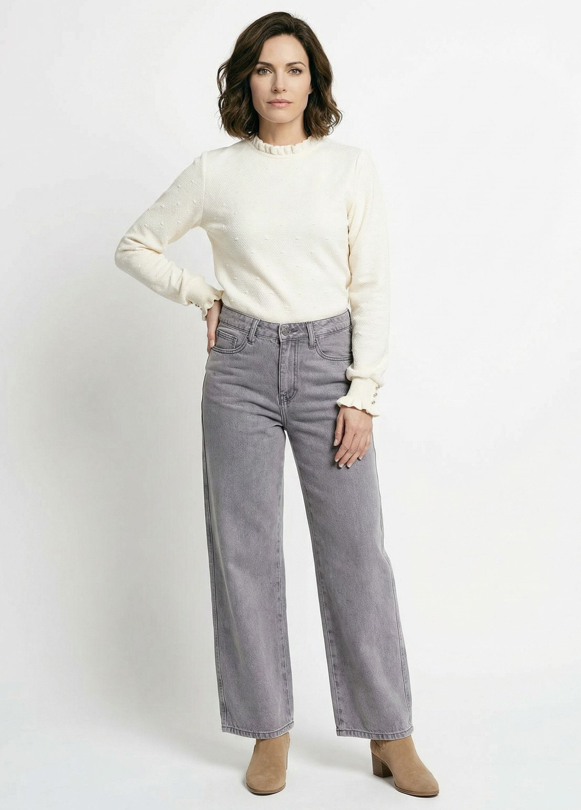 Jean cropped coupe large et taille haute Femme Gris OR-JD485 MV1