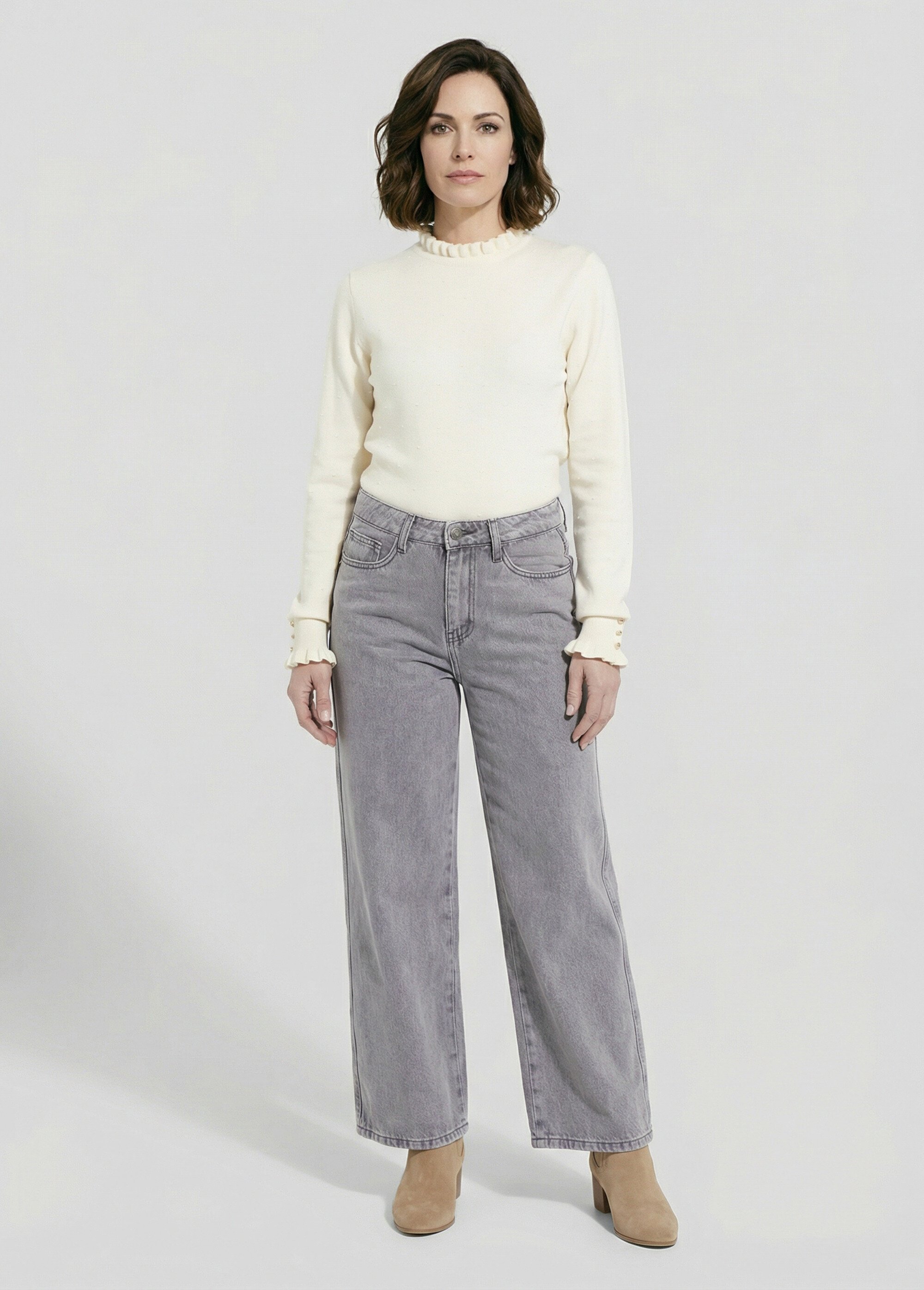 Jean cropped coupe large et taille haute Femme Gris OR-JD485 SF1