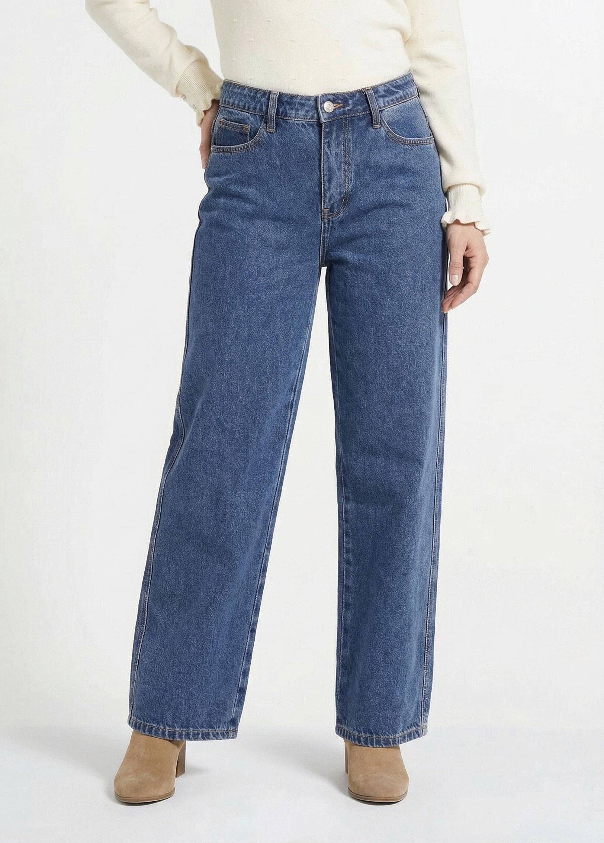 Jean cropped coupe large et taille haute Femme Bleu OR-JD485 FA1