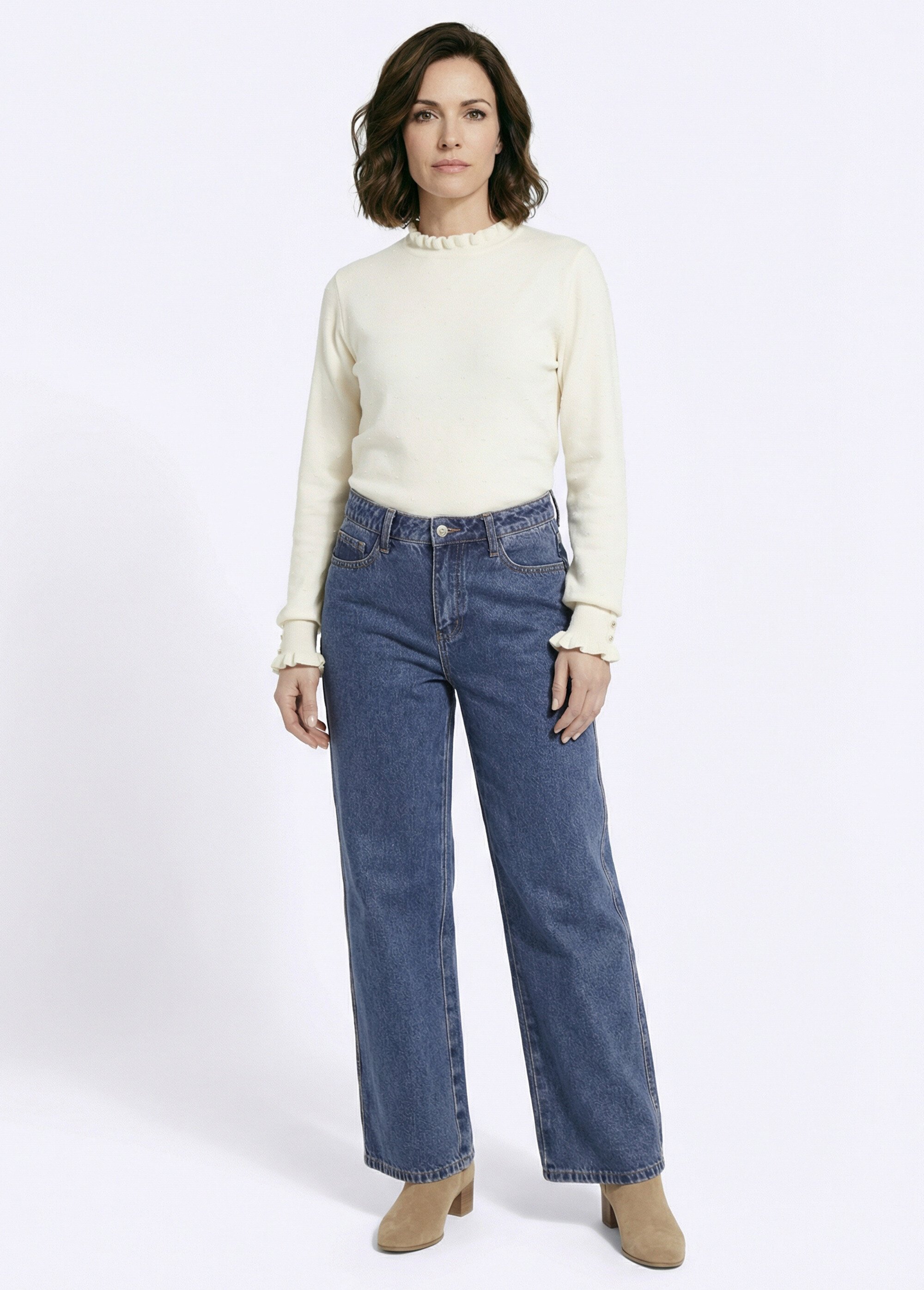 Jean cropped coupe large et taille haute Femme Bleu OR-JD485 SF1