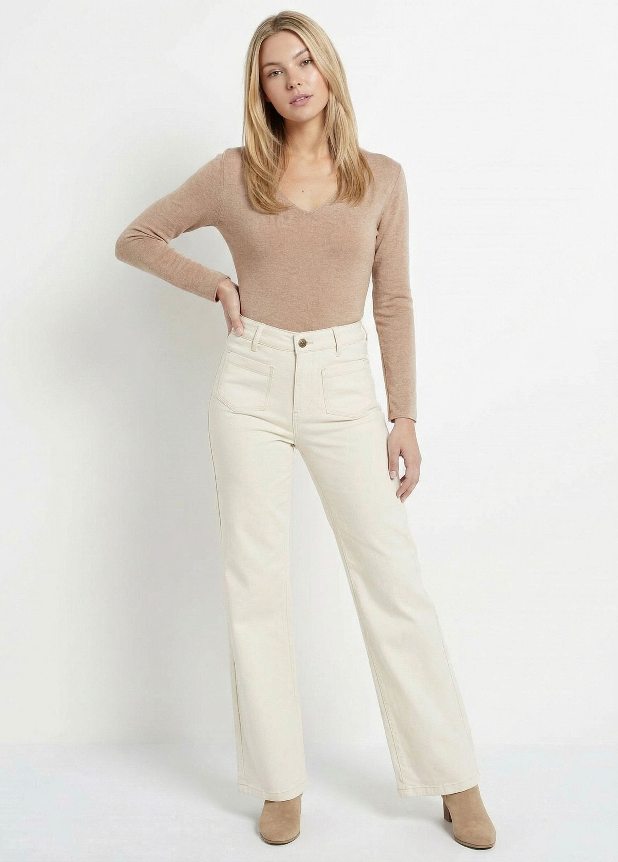 Jean évasé coupe large, spécial GRANDE Femme Beige OR-JD434 MV1