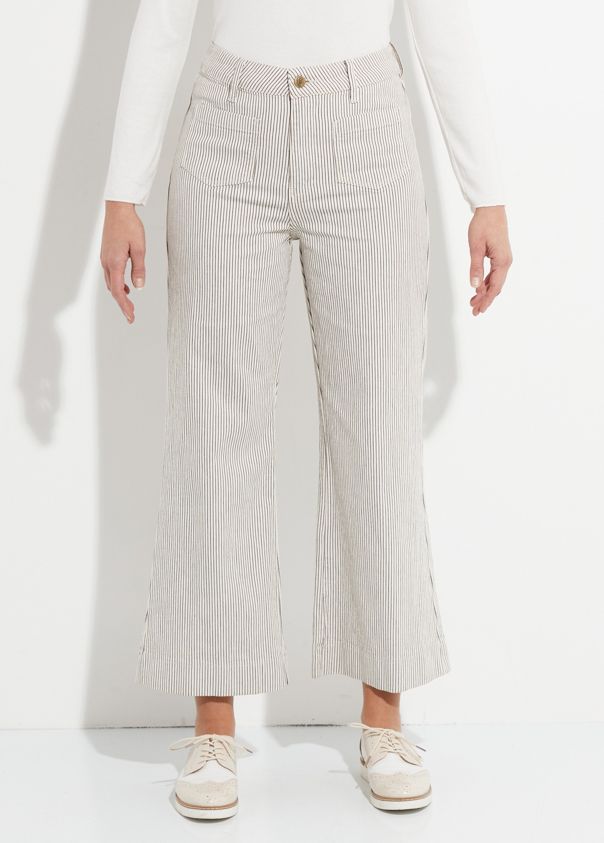 Jean rayé coupe large, spécial PETITE Femme Blanc OR-JD435RAY FA1