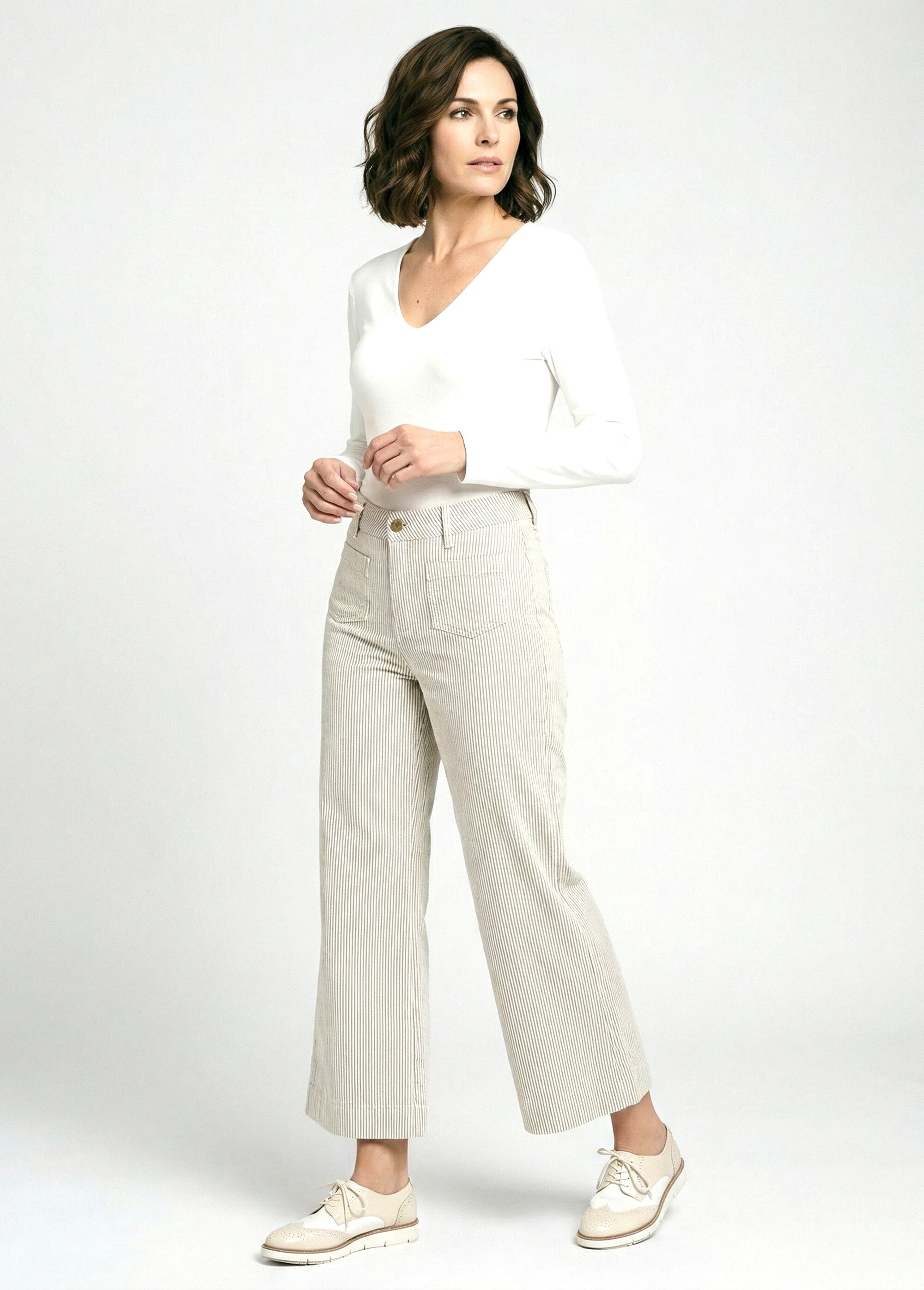 Jean rayé coupe large, spécial PETITE Femme Blanc OR-JD435RAY MV1