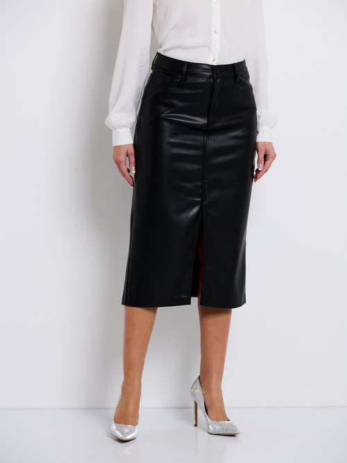 Jupe longue fendue en faux cuir Femme Noir OR-H2227TP FA2