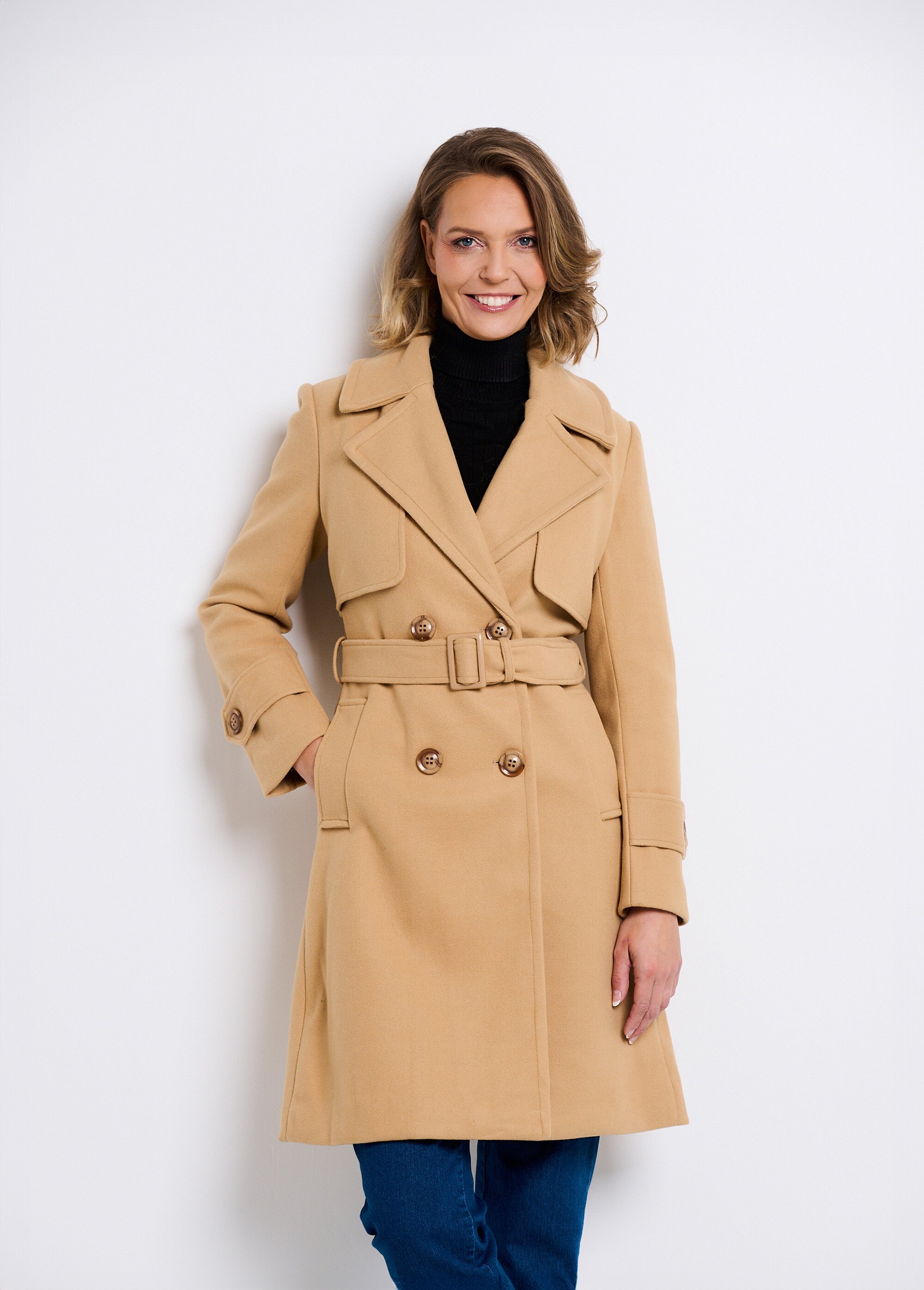 Manteau col fausse fourrure toucher laineux Femme Beige LBC-VE028 FA2