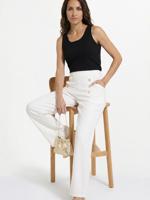 Pantalon effet pont ceinture élastiquée dos Femme Blanc NAPLES MV1