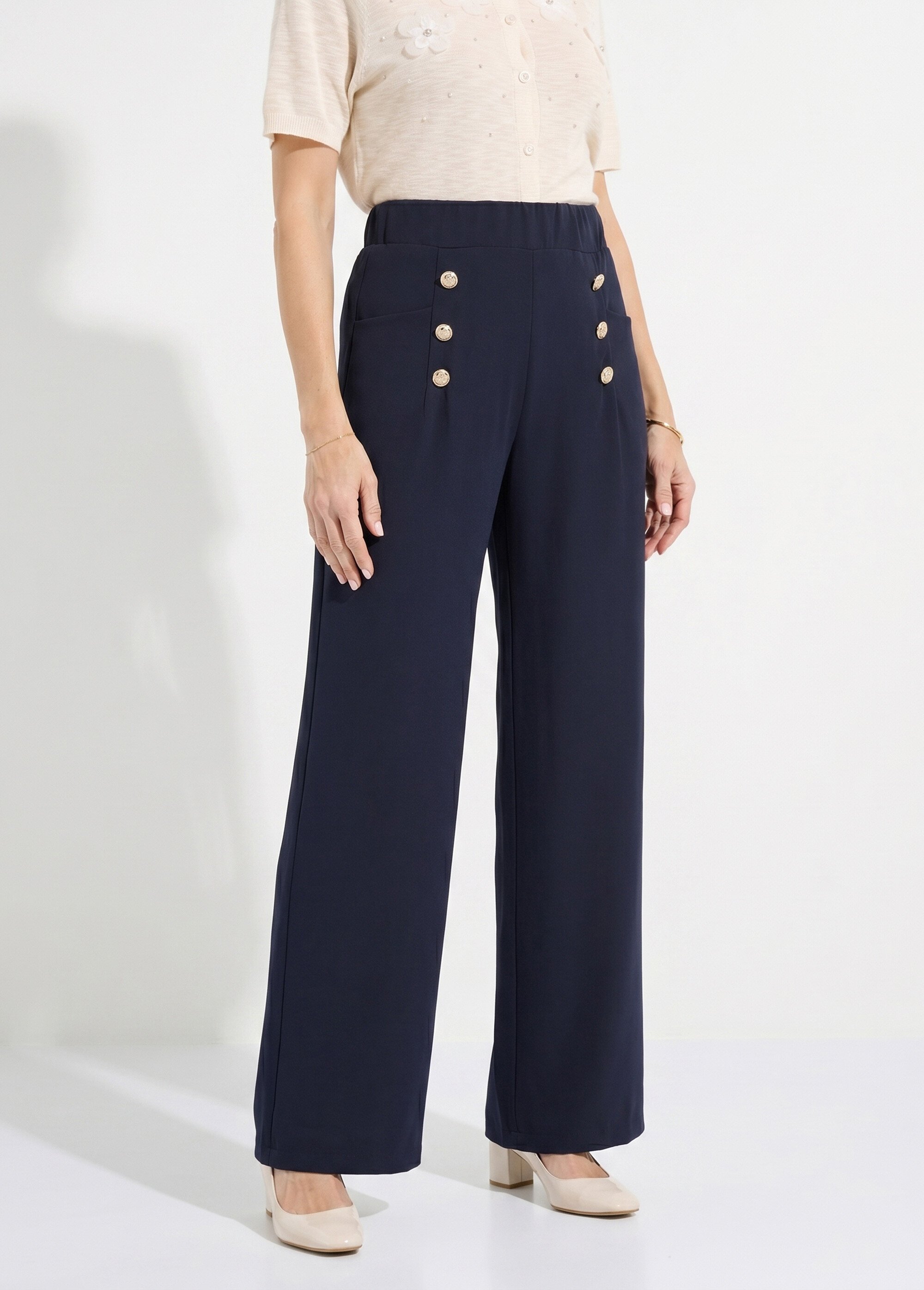 Pantalon effet pont ceinture élastiquée dos Femme Bleu NAPLES FA1