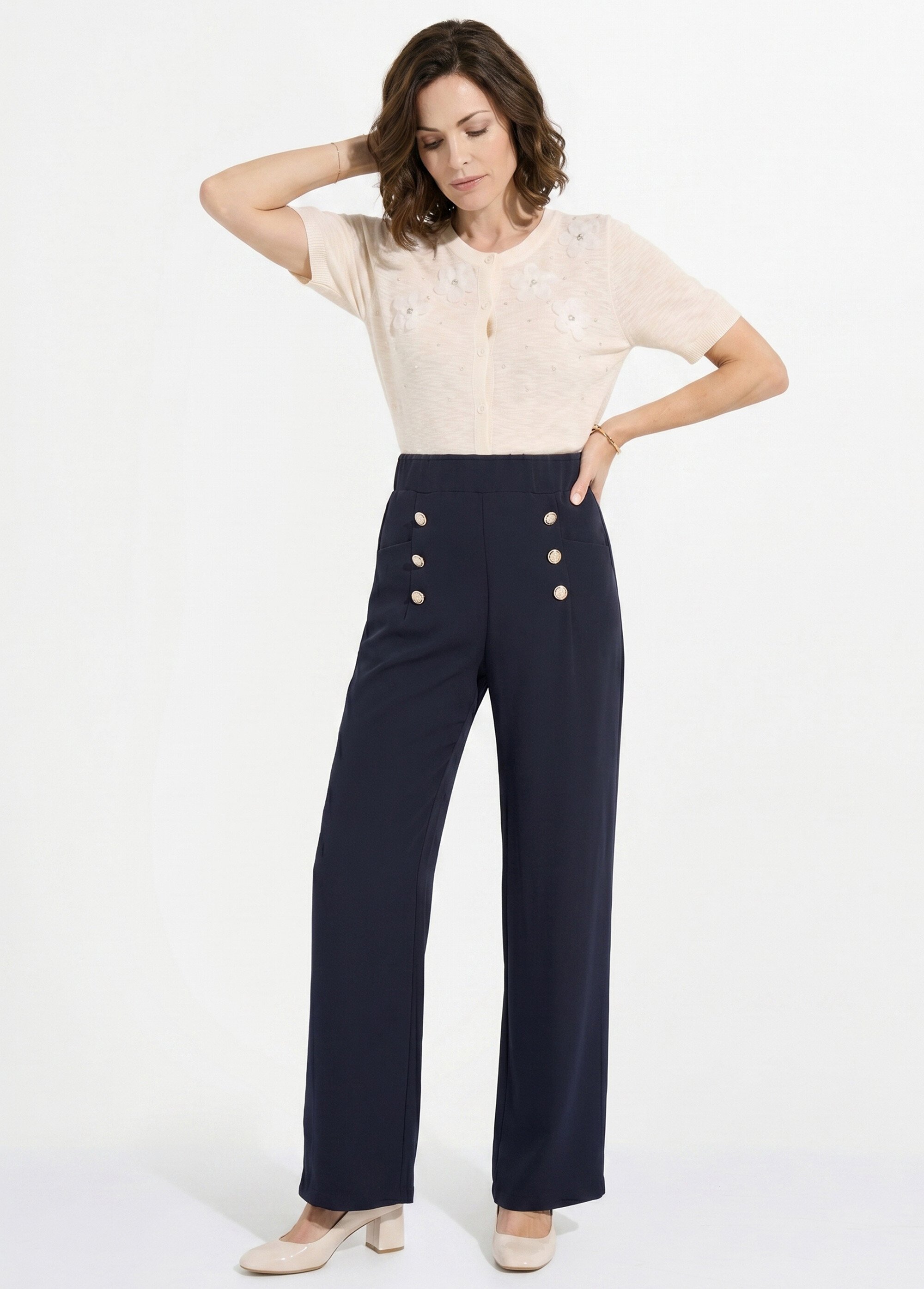 Pantalon effet pont ceinture élastiquée dos Femme Bleu NAPLES MV1
