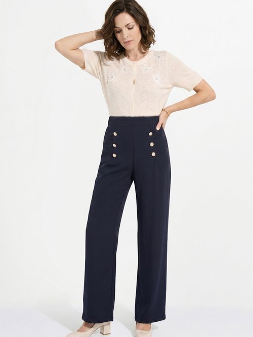 Pantalon effet pont ceinture élastiquée dos Femme Bleu NAPLES MV1