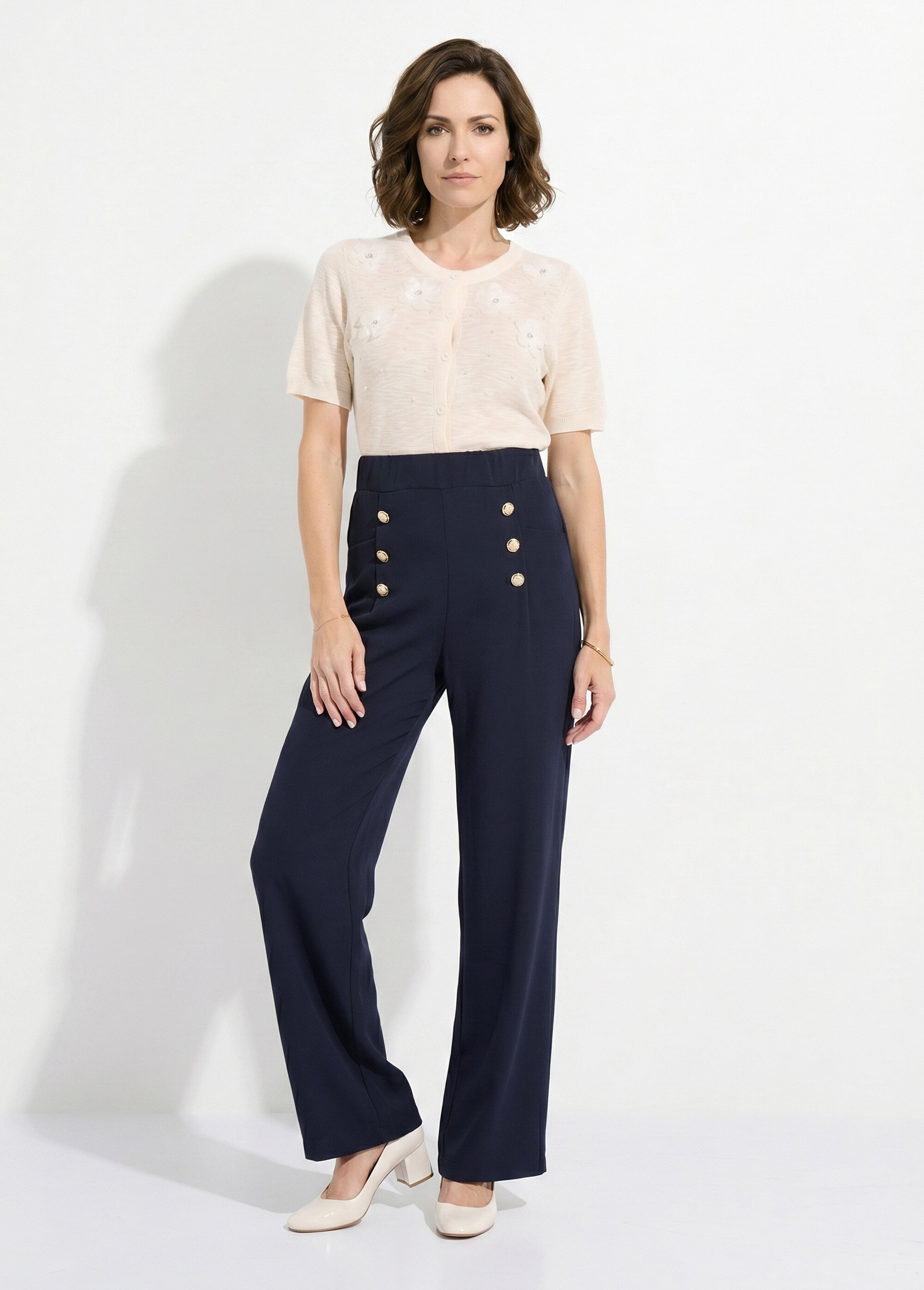 Pantalon effet pont ceinture élastiquée dos Femme Bleu NAPLES SI1
