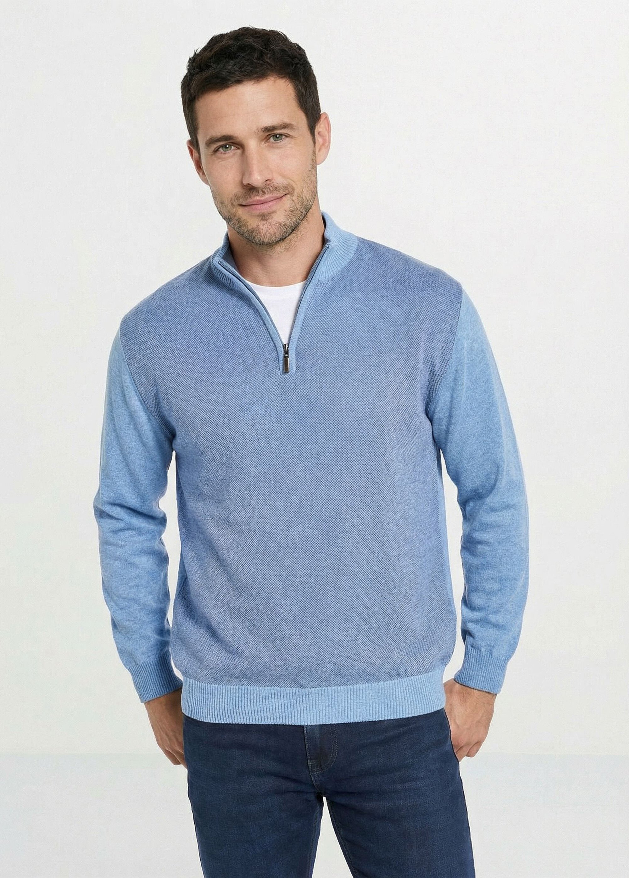 Pull col montant zippé maille caviar coton Homme Bleu FUREUR FA1