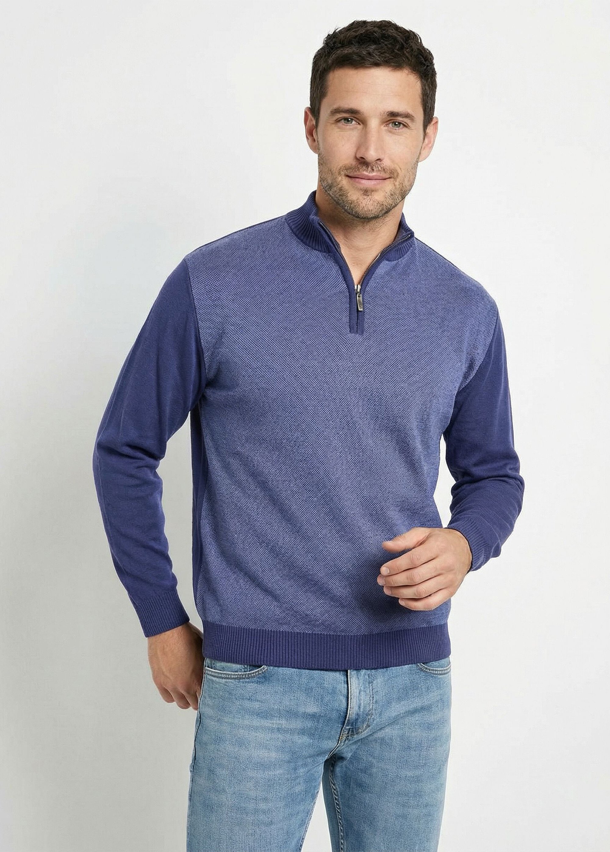 Pull col montant zippé maille caviar coton Homme Bleu FUREUR MV1