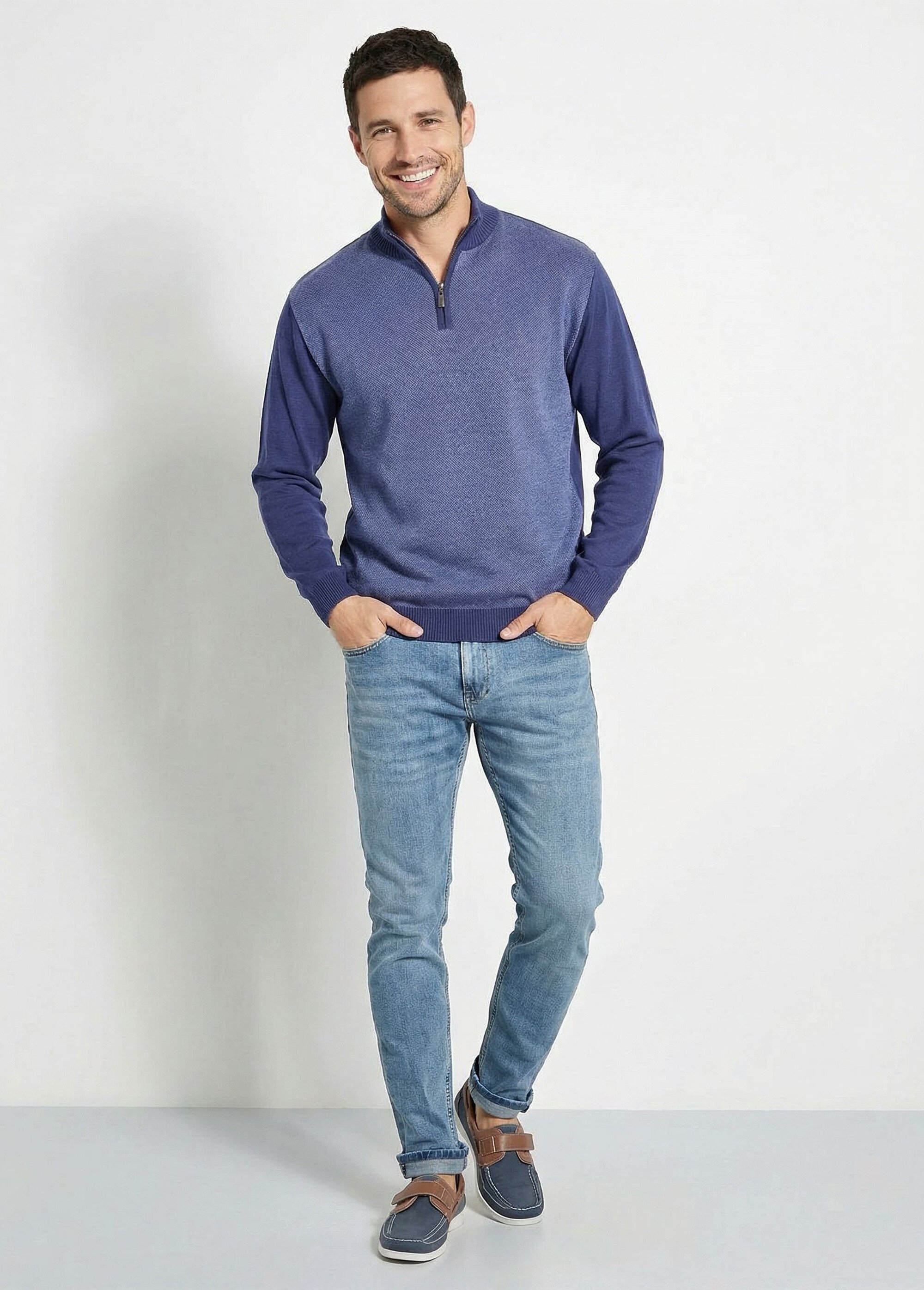 Pull col montant zippé maille caviar coton Homme Bleu FUREUR SF1