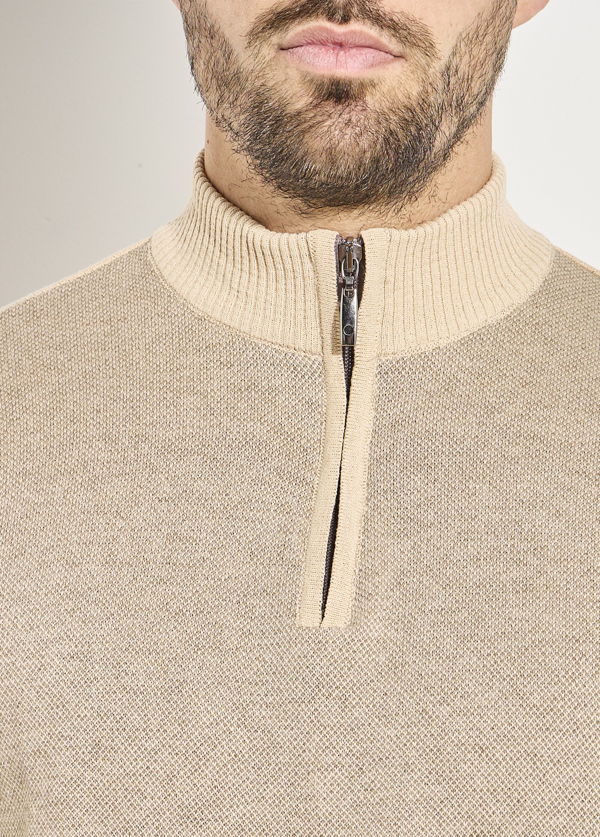 Pull col montant zippé maille caviar coton Homme Beige FUREUR DE1