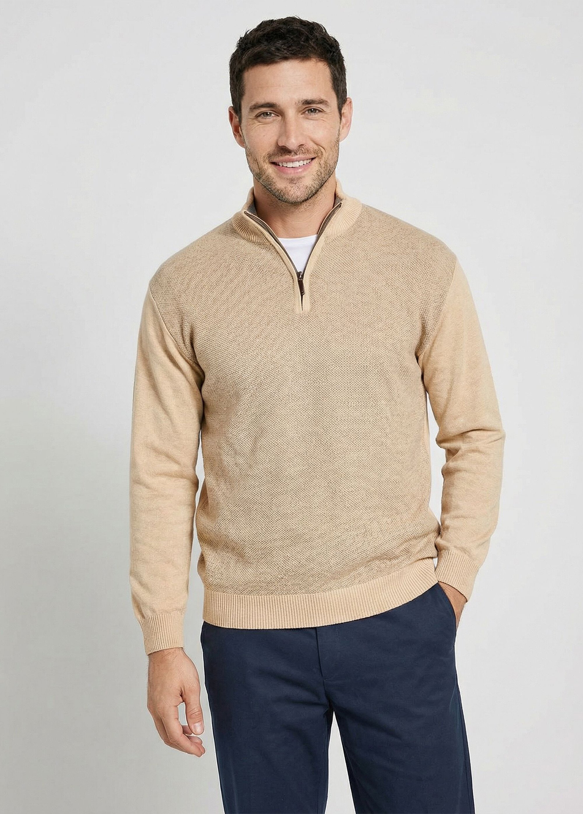 Pull col montant zippé maille caviar coton Homme Beige FUREUR FA1