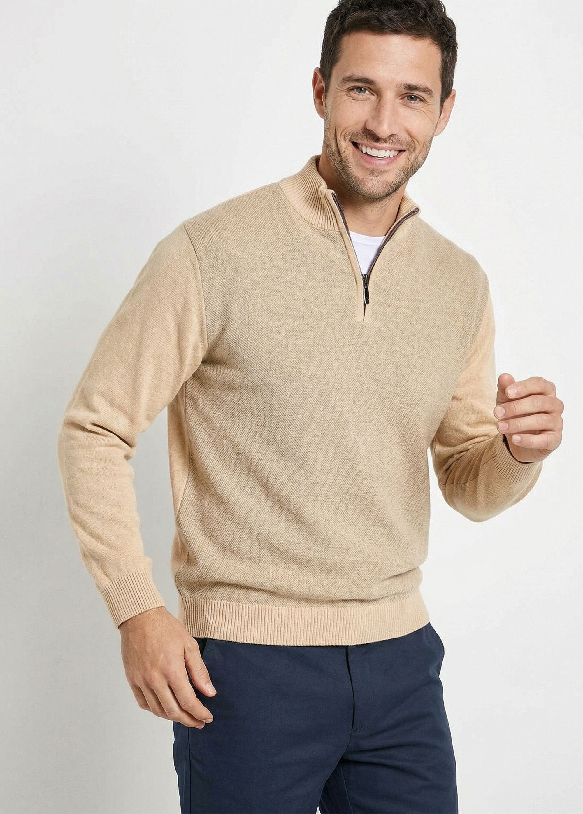 Pull col montant zippé maille caviar coton Homme Beige FUREUR MV1