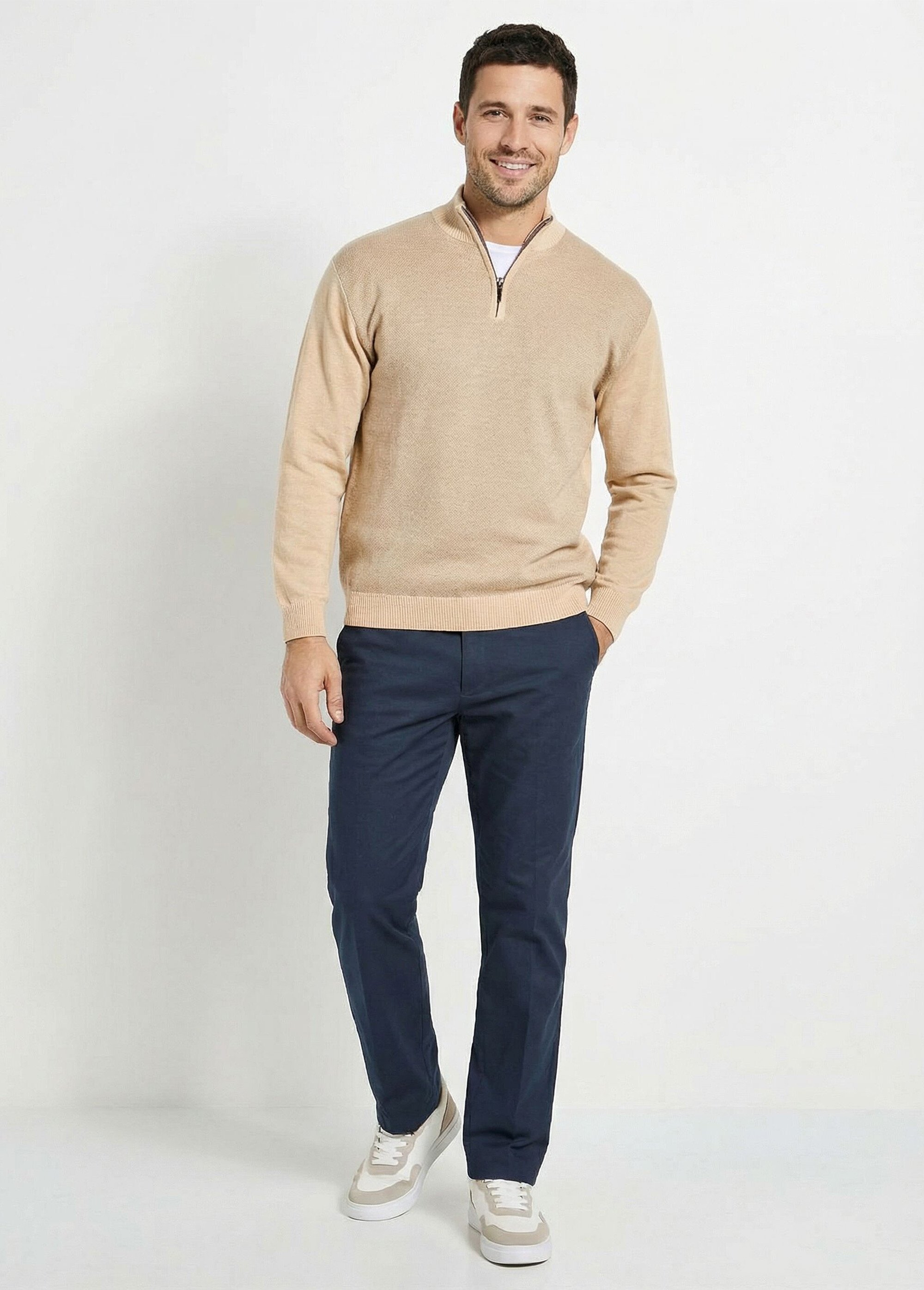 Pull col montant zippé maille caviar coton Homme Beige FUREUR SF1