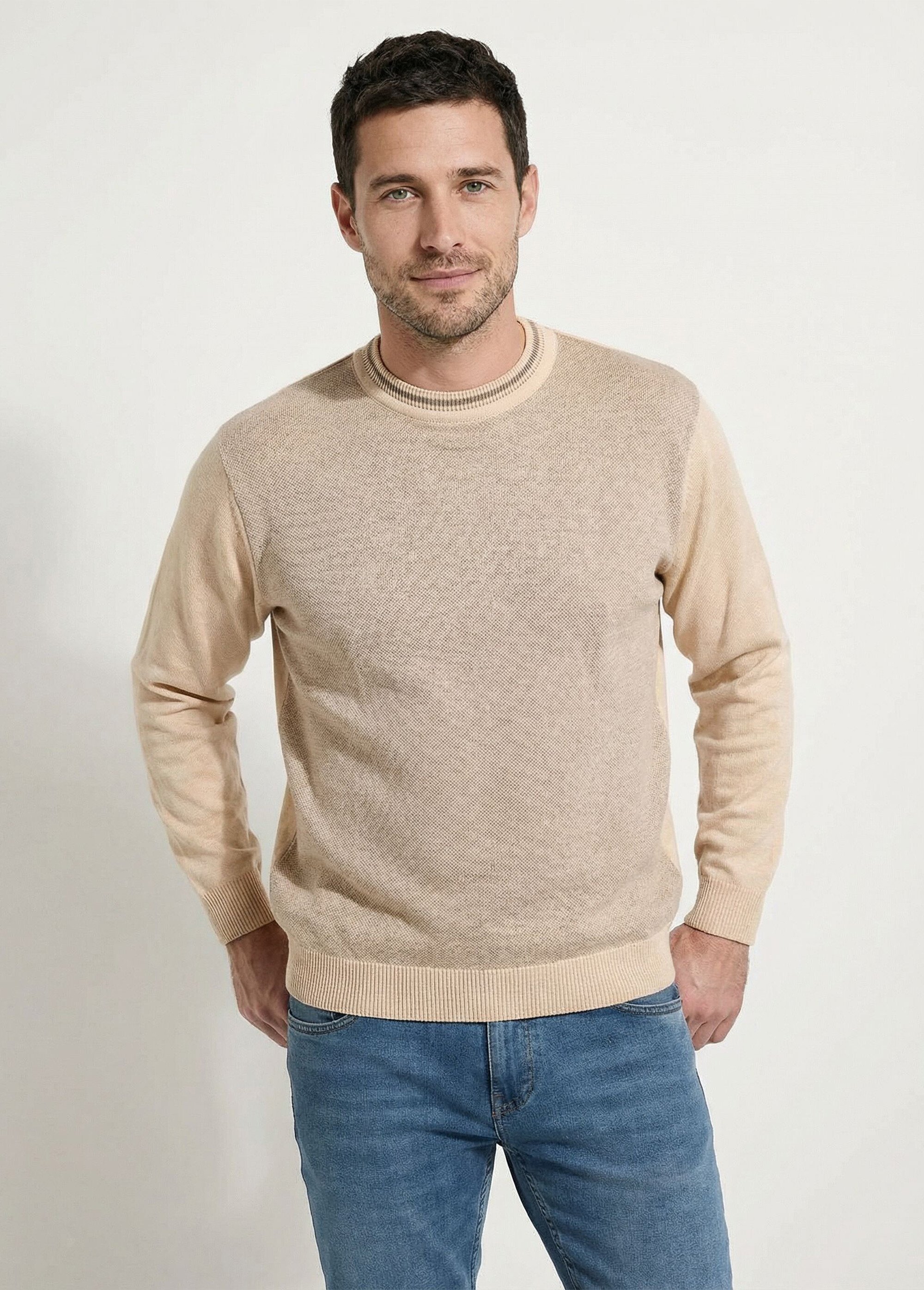 Pull col rond maille caviar coton Homme Beige FESTIN FA1