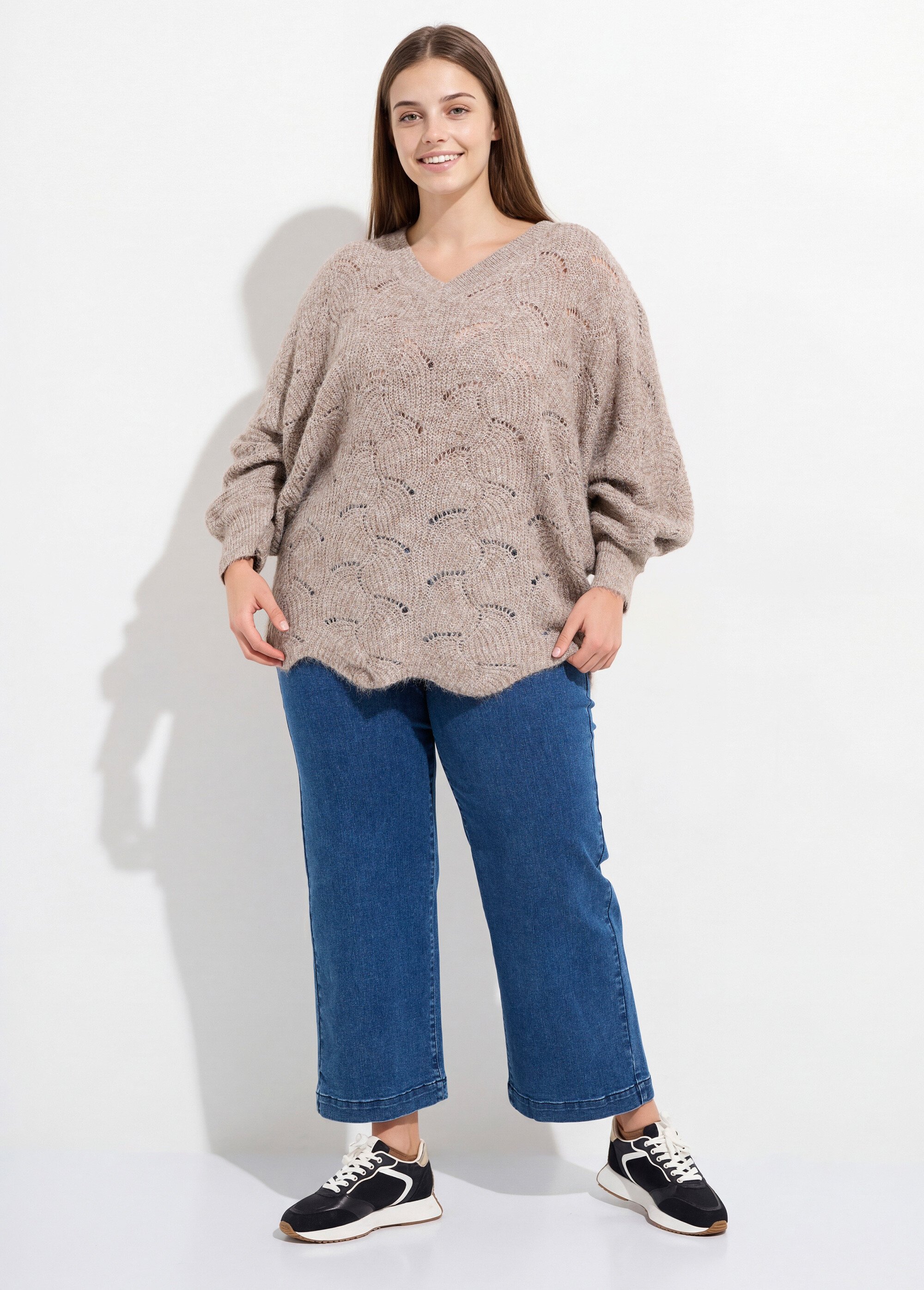 Pull oversize, maille écailles avec laine Femme Grande Taille Beige CHY-1357 SF1