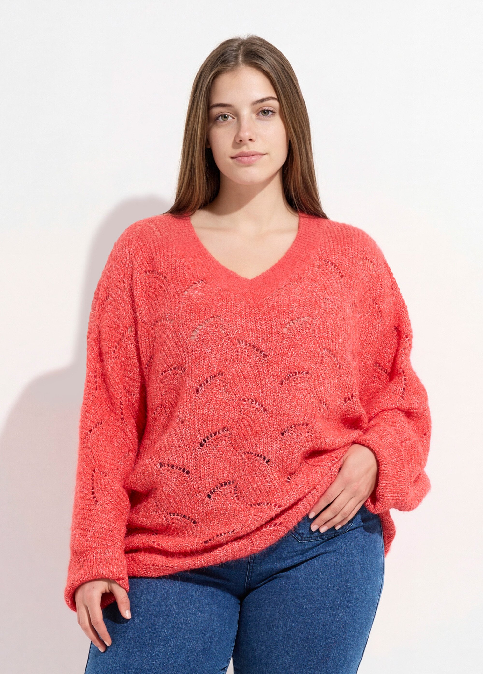 Pull oversize, maille écailles avec laine Femme Grande Taille Rose CHY-1357 FA1