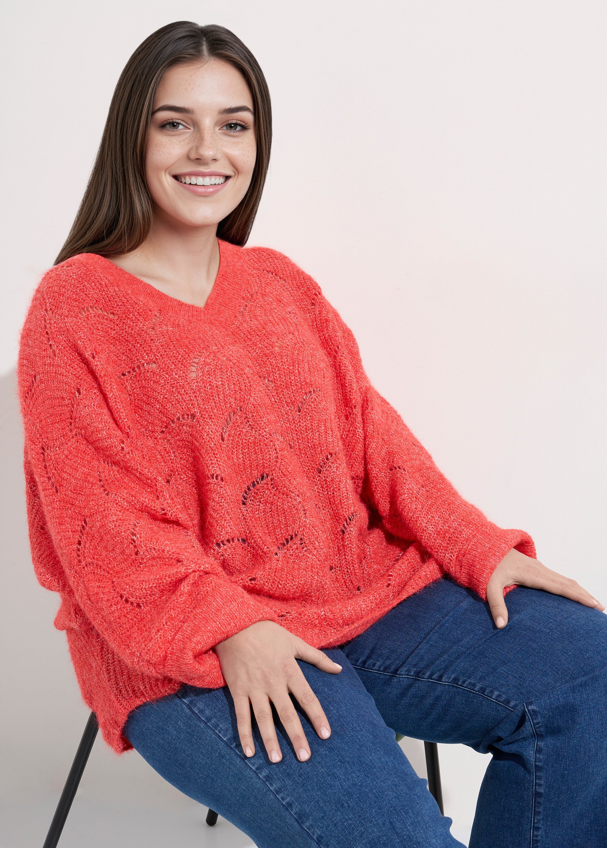 Pull oversize, maille écailles avec laine Femme Grande Taille Rose CHY-1357 MV1