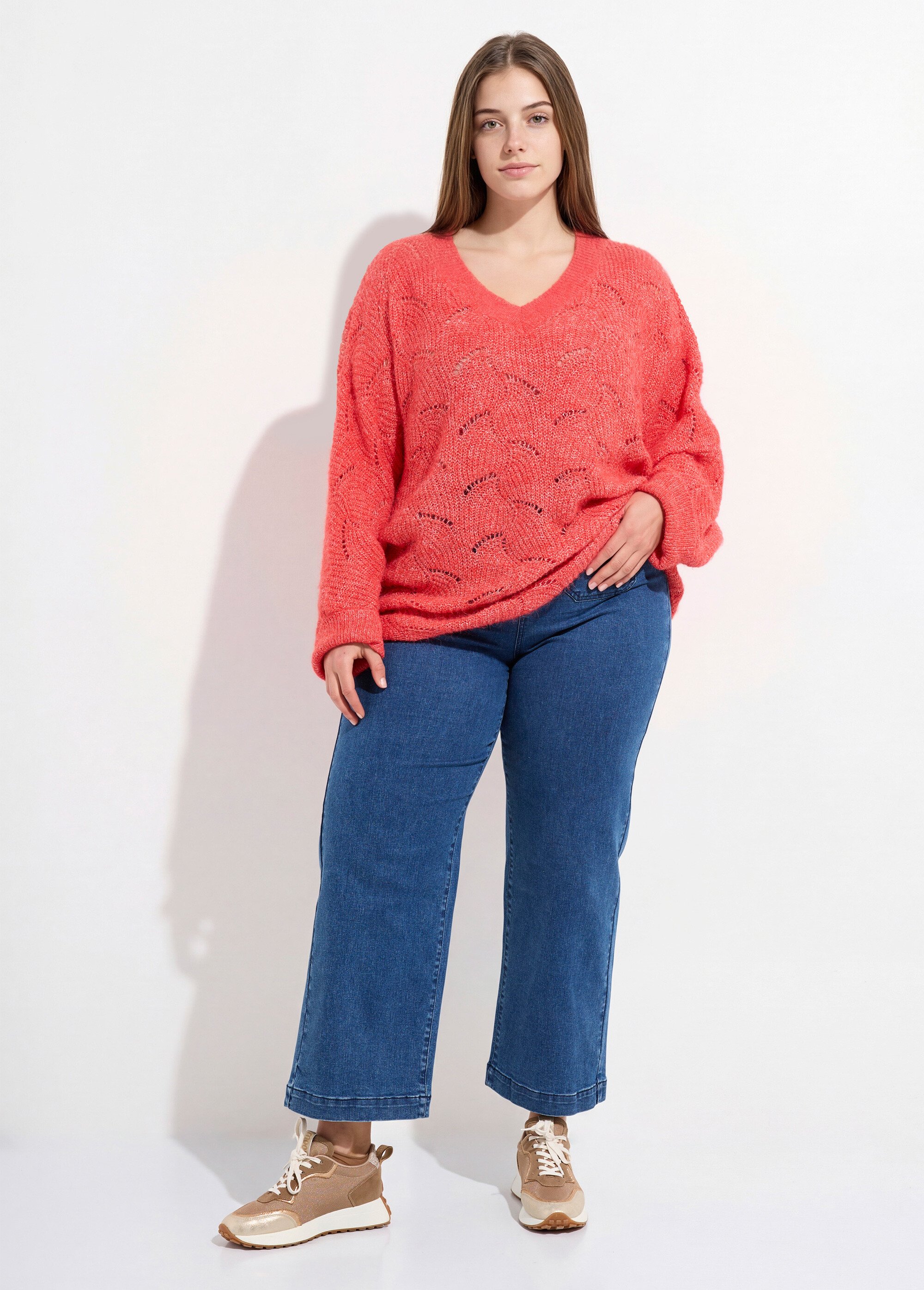 Pull oversize, maille écailles avec laine Femme Grande Taille Rose CHY-1357 SF1