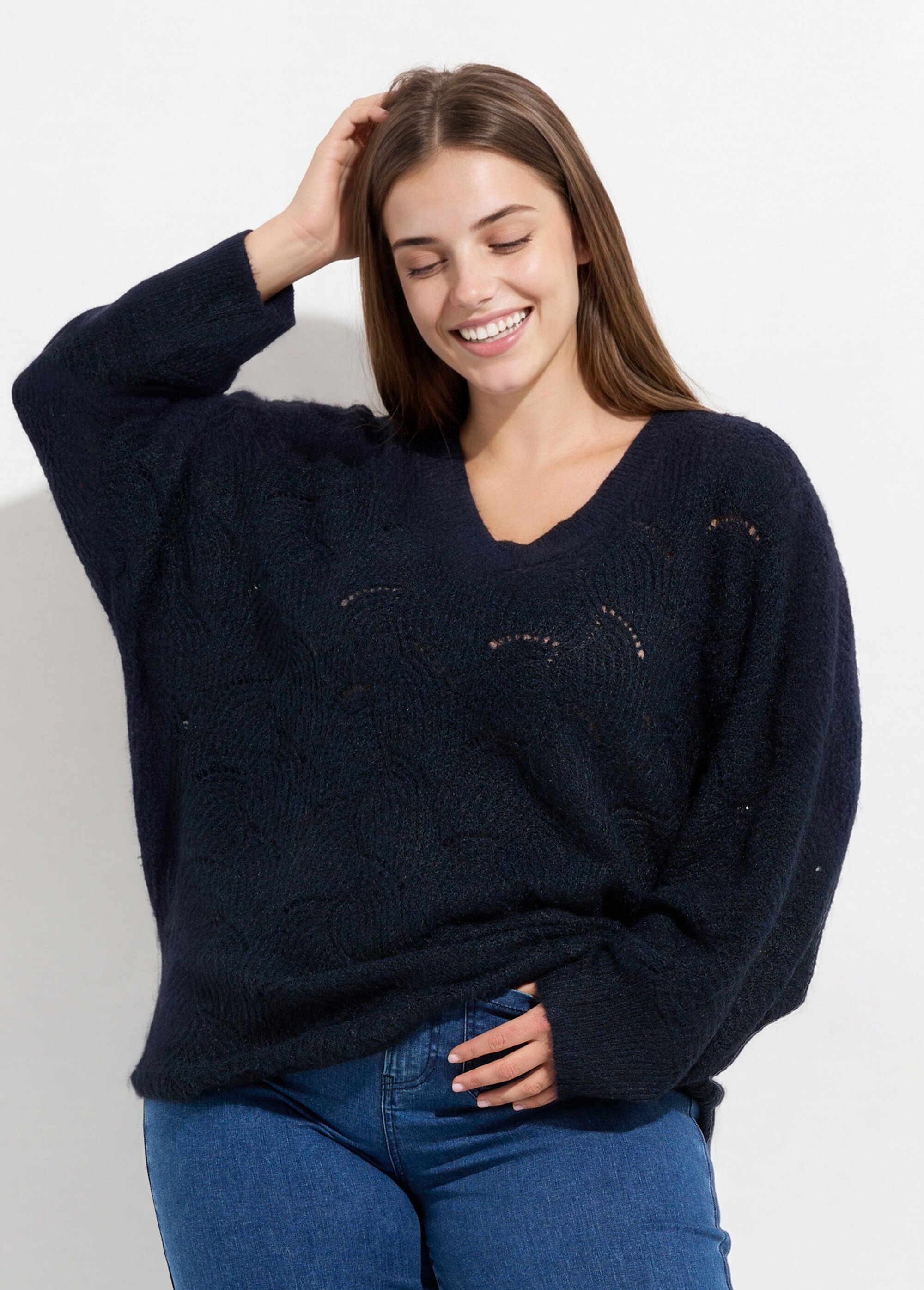 Pull oversize, maille écailles avec laine Femme Grande Taille Bleu CHY-1357 FA1