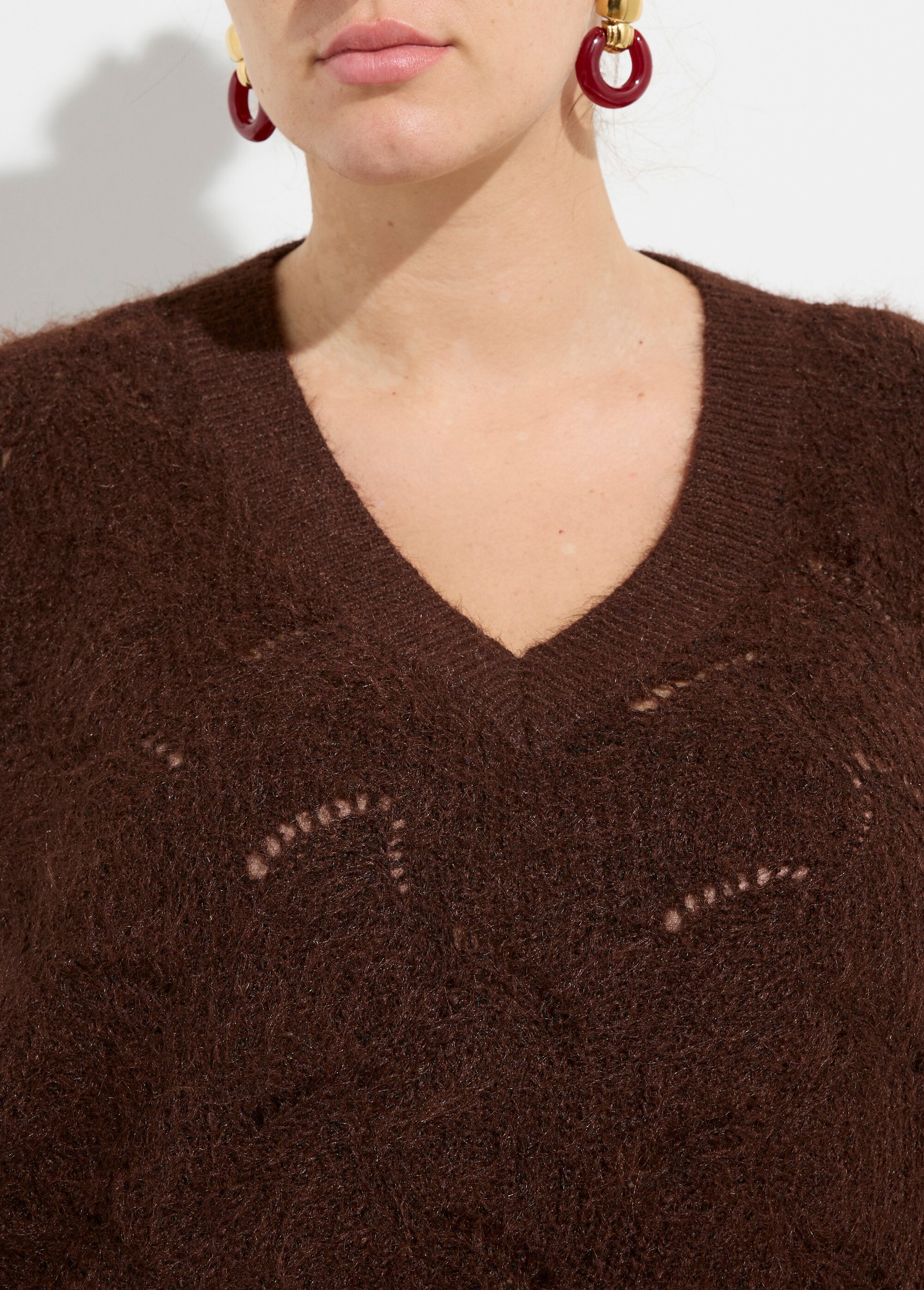 Pull oversize, maille écailles avec laine Femme Grande Taille Marron CHY-1357 DE1