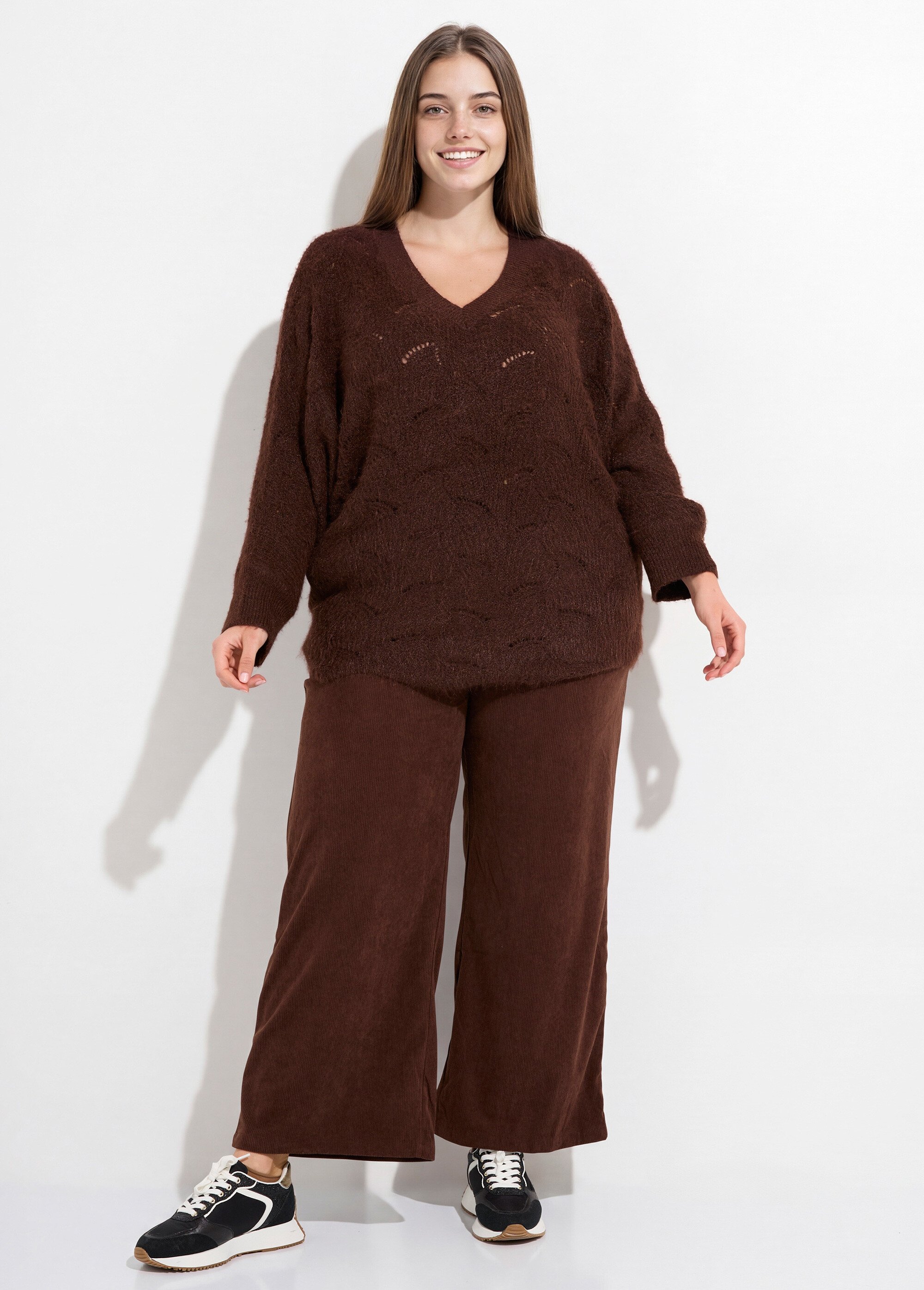 Pull oversize, maille écailles avec laine Femme Grande Taille Marron CHY-1357 SF1