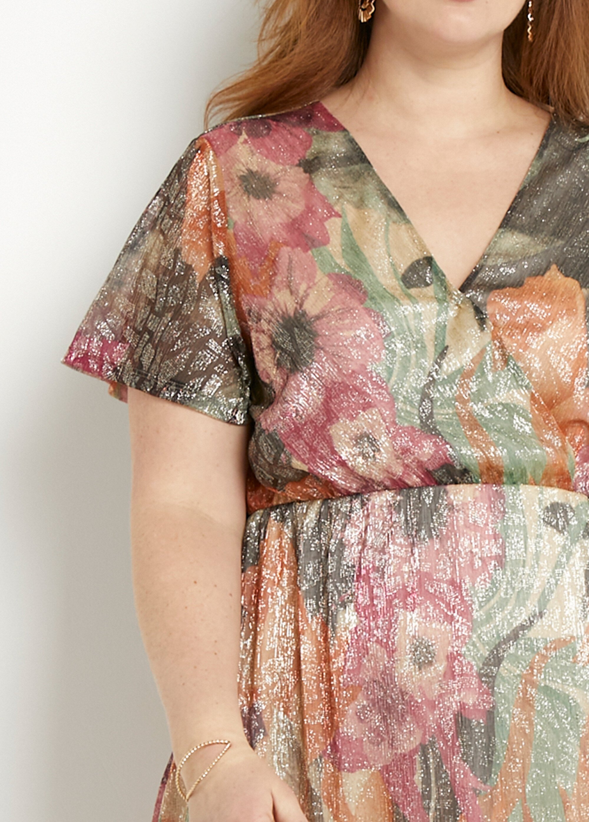 Robe courte cache-coeur brillante motif fleuri