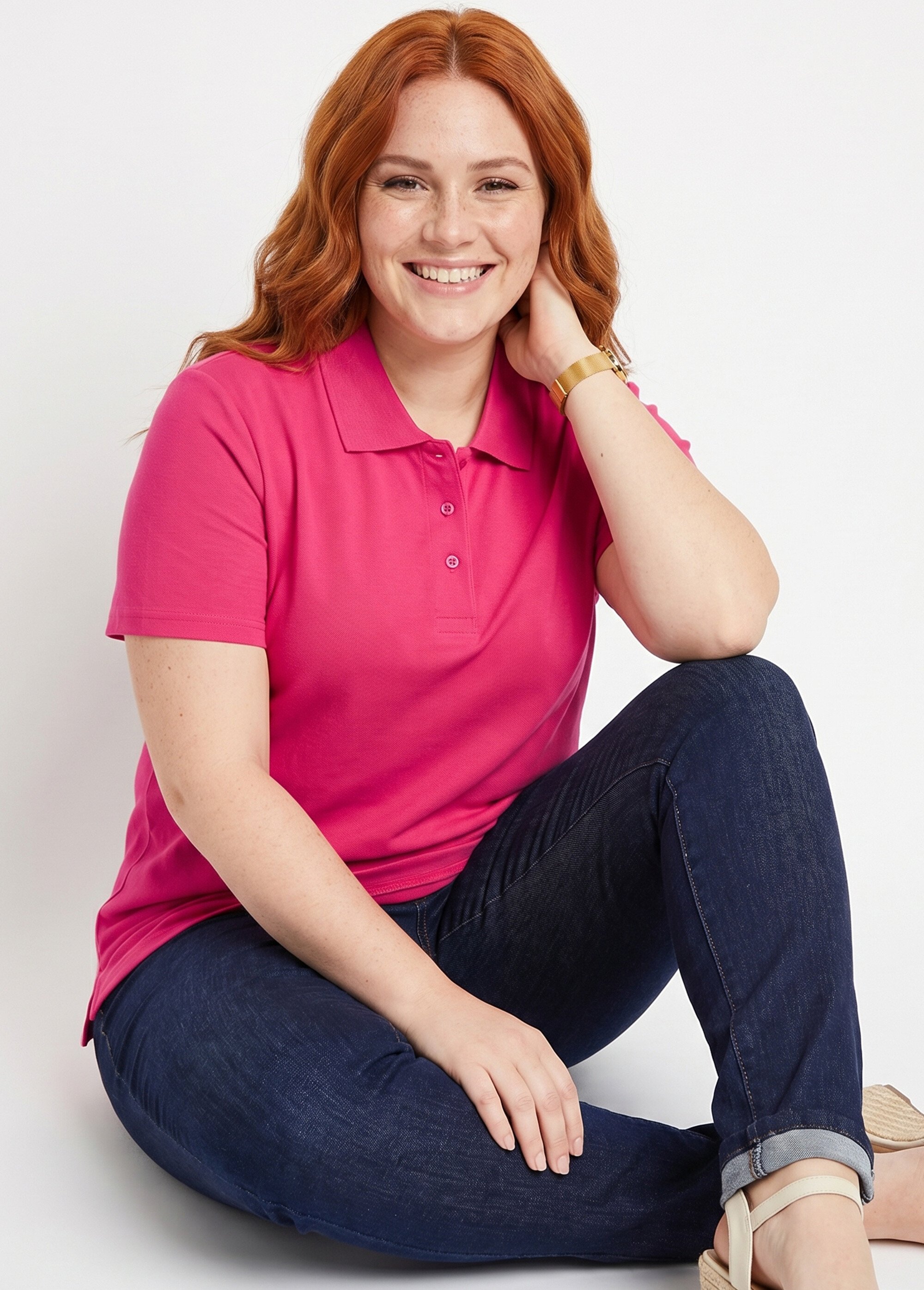 T-shirt maille piquée coton col polo Femme Grande Taille Rose MACAO MV1