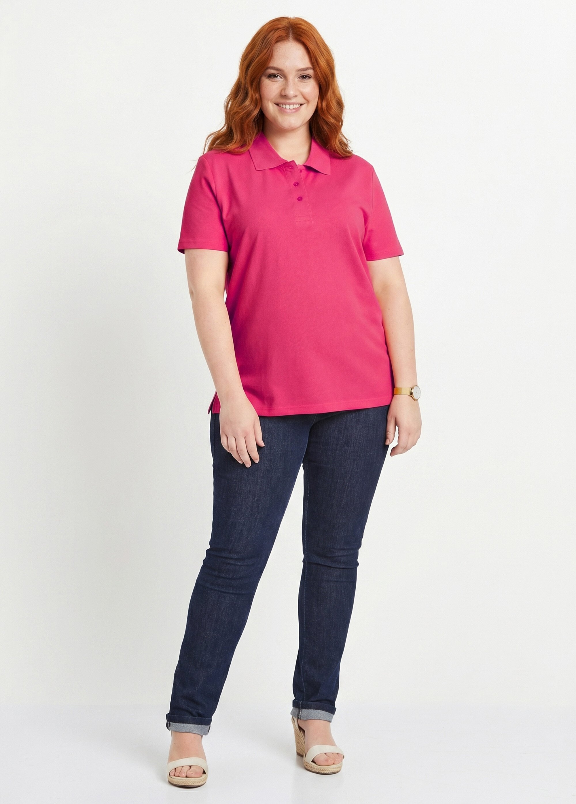 T-shirt maille piquée coton col polo Femme Grande Taille Rose MACAO SI1