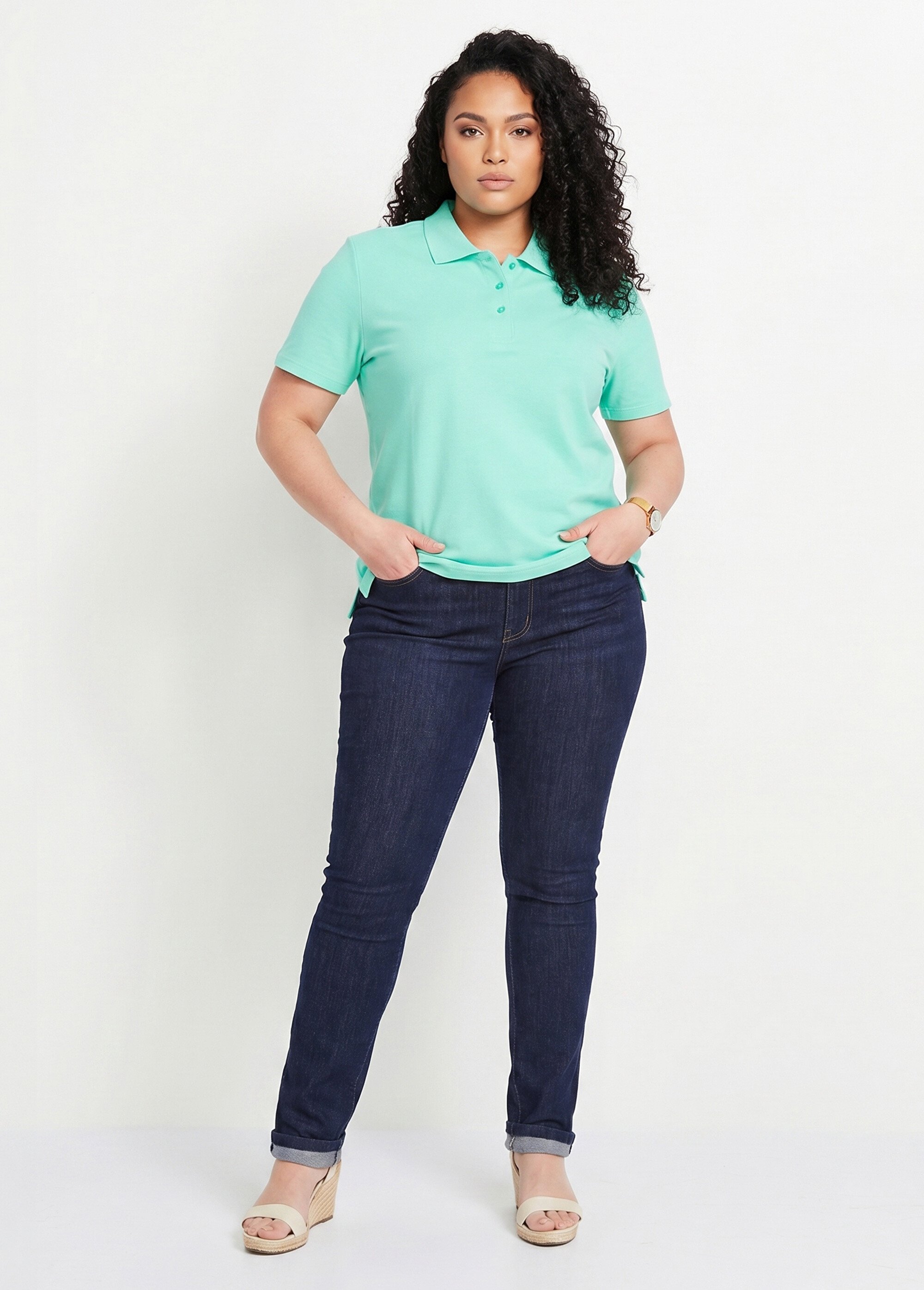 T-shirt maille piquée coton col polo Femme Grande Taille Vert MACAO SI1