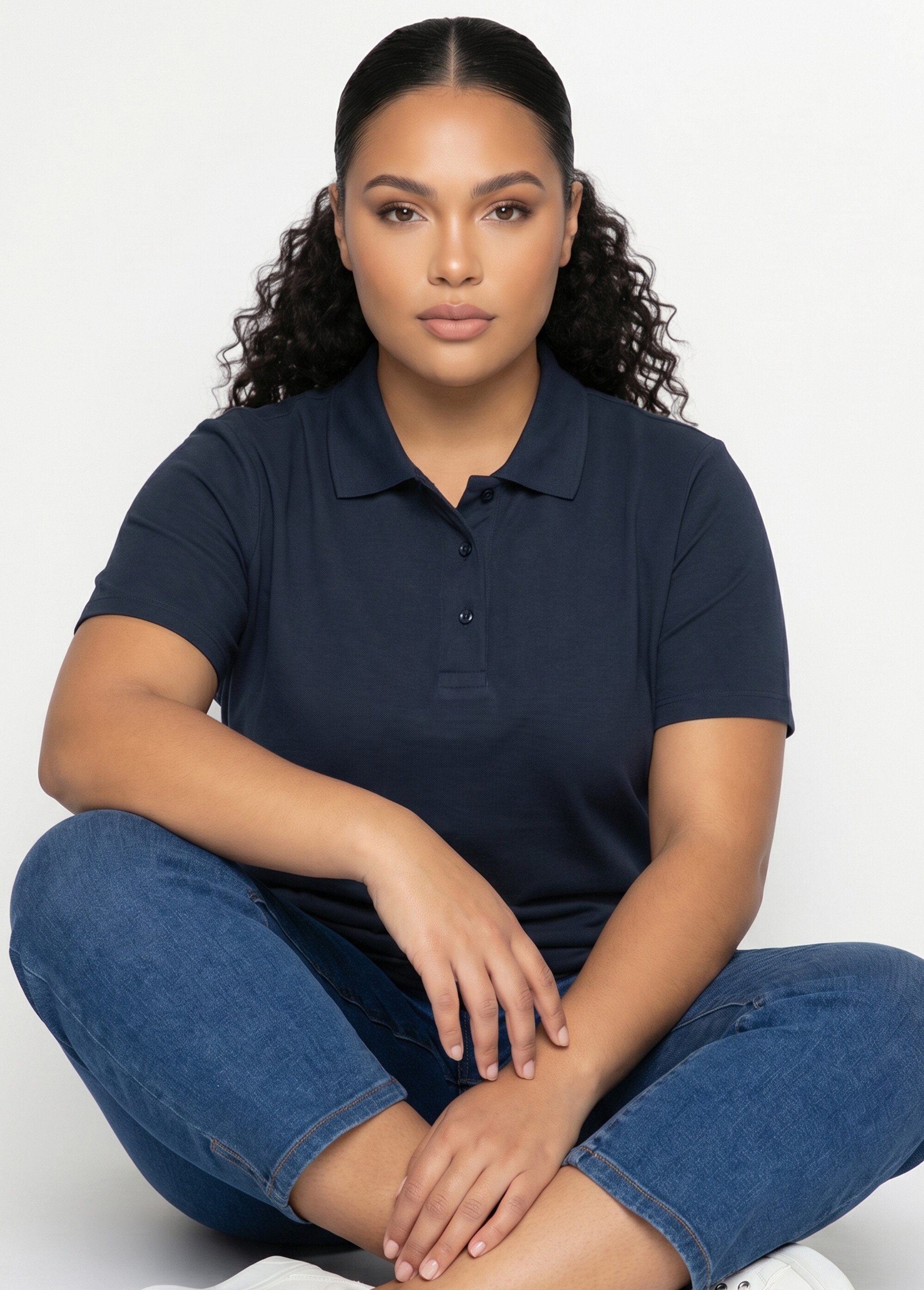 T-shirt maille piquée coton col polo Femme Grande Taille Bleu MACAO MV1