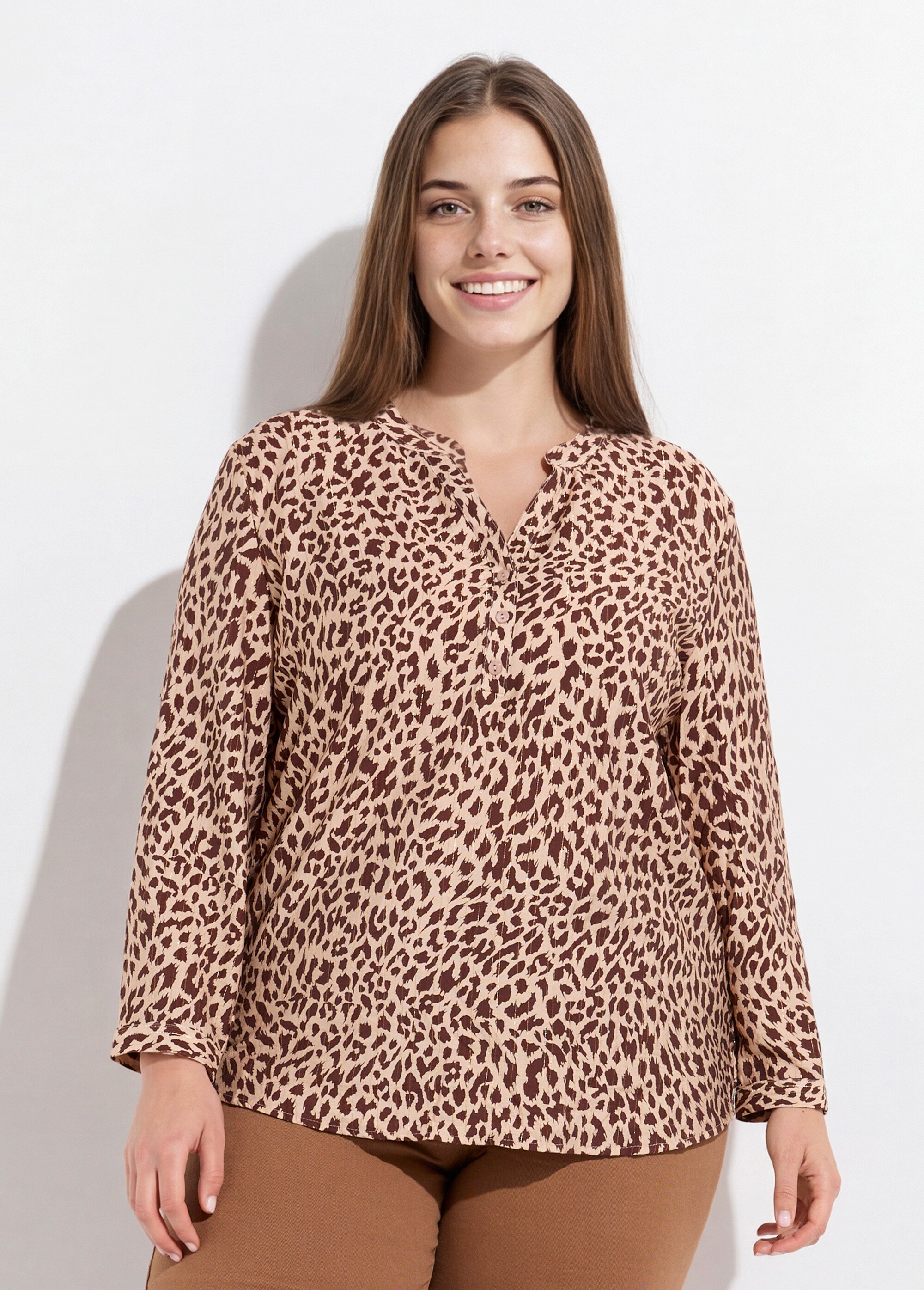 Tunique col V boutonné, taches léopard Femme Grande Taille Marron CHY-F633 FA1