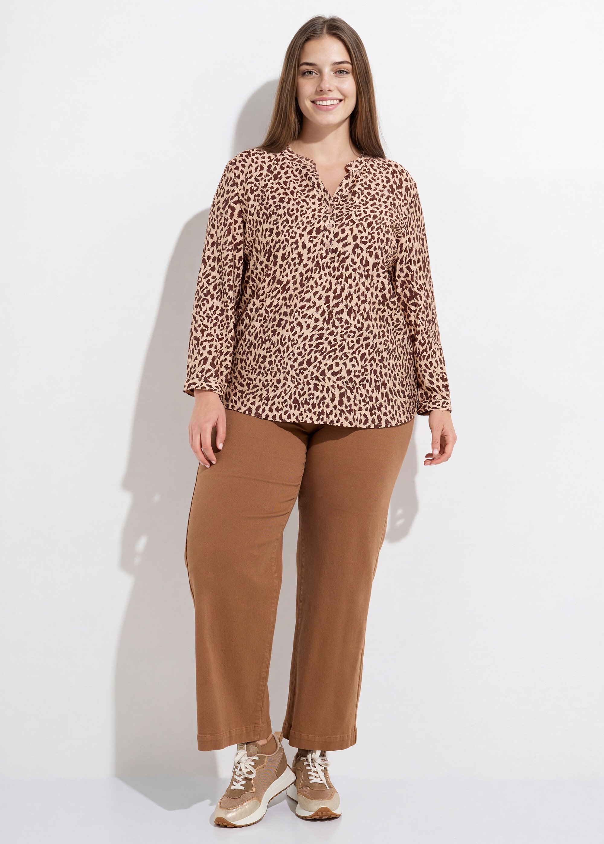 Tunique col V boutonné, taches léopard Femme Grande Taille Marron CHY-F633 SF1