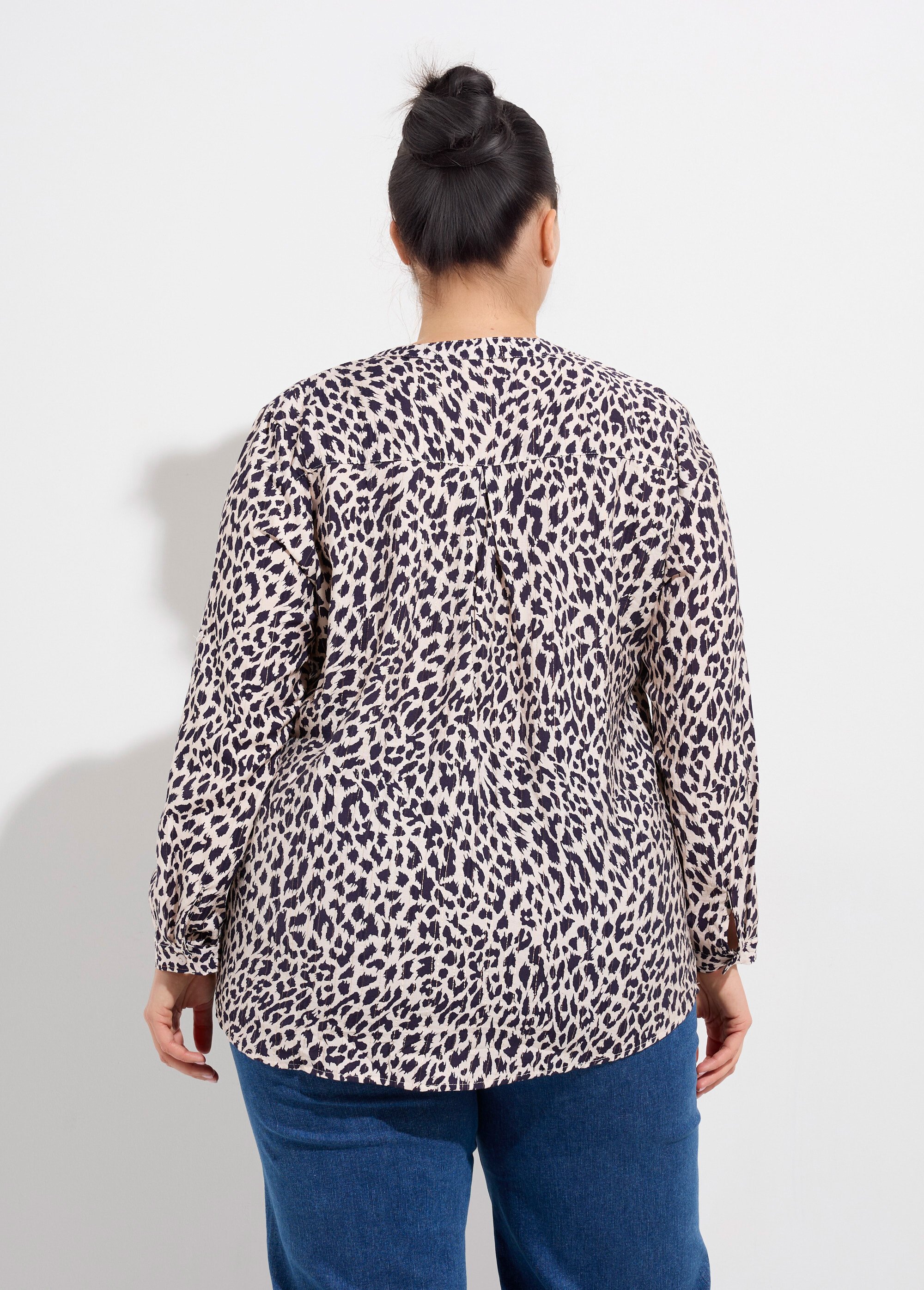 Tunique col V boutonné, taches léopard Femme Grande Taille Bleu CHY-F633 DO1