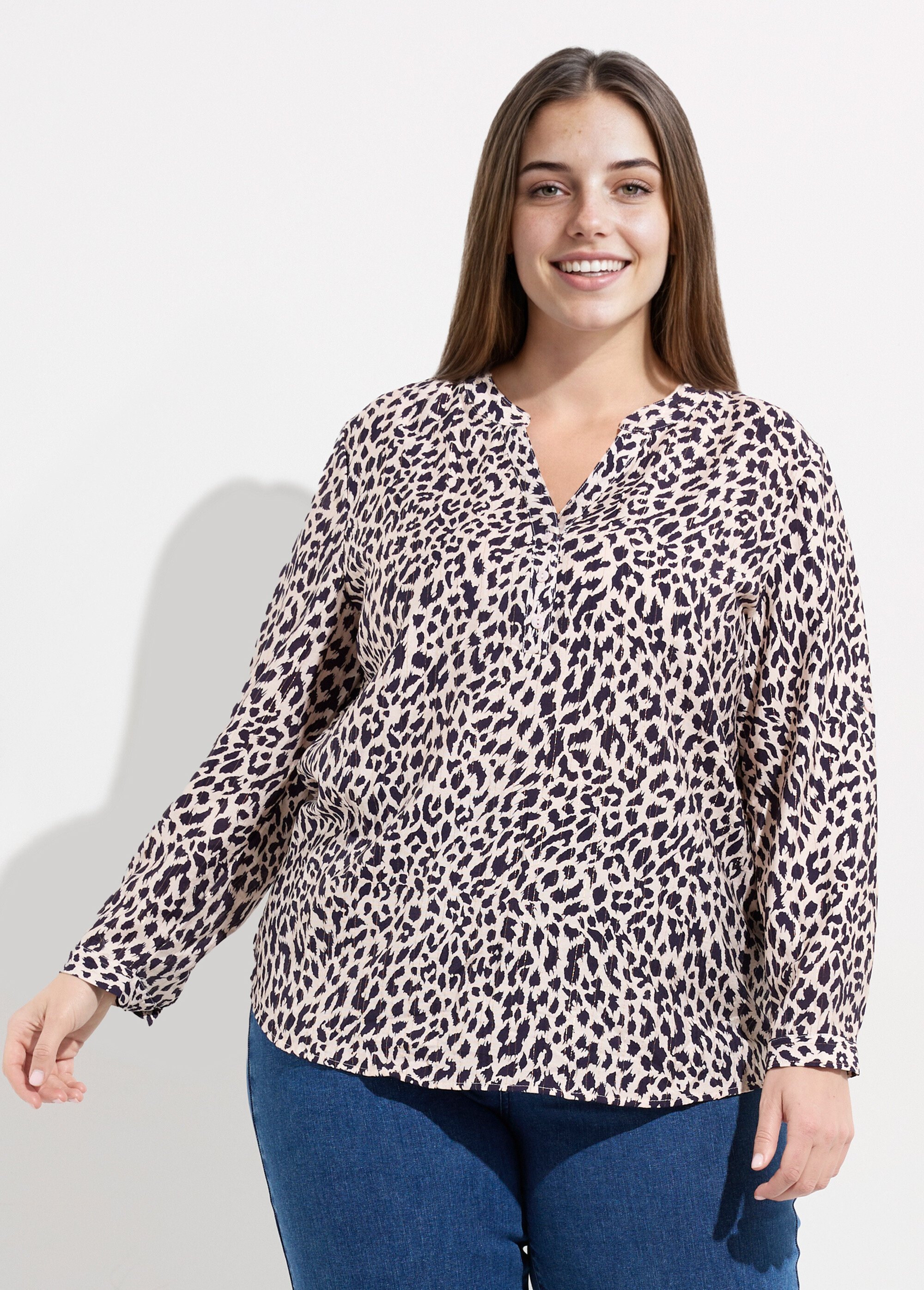 Tunique col V boutonné, taches léopard Femme Grande Taille Bleu CHY-F633 FA1