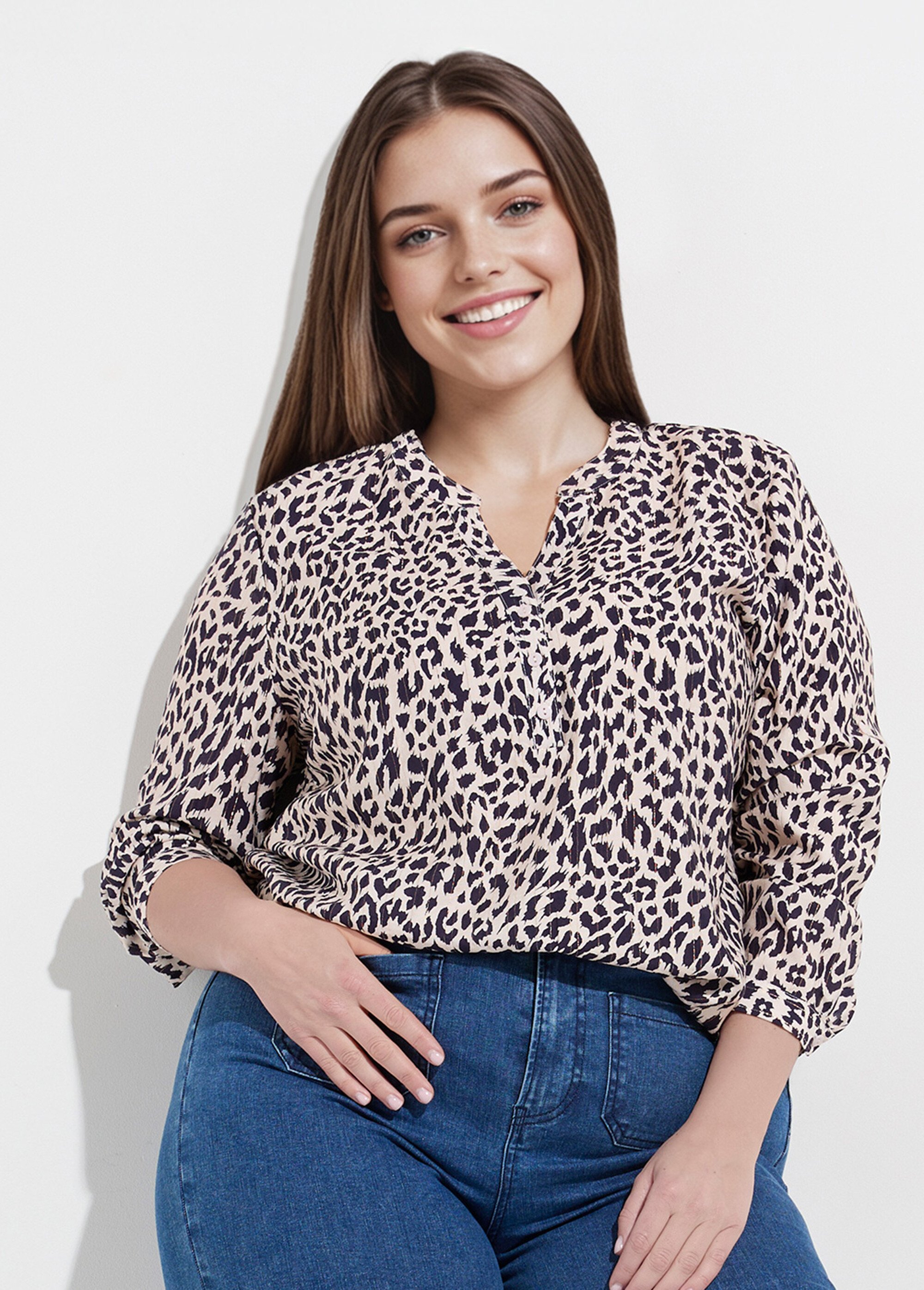 Tunique col V boutonné, taches léopard Femme Grande Taille Bleu CHY-F633 MV1