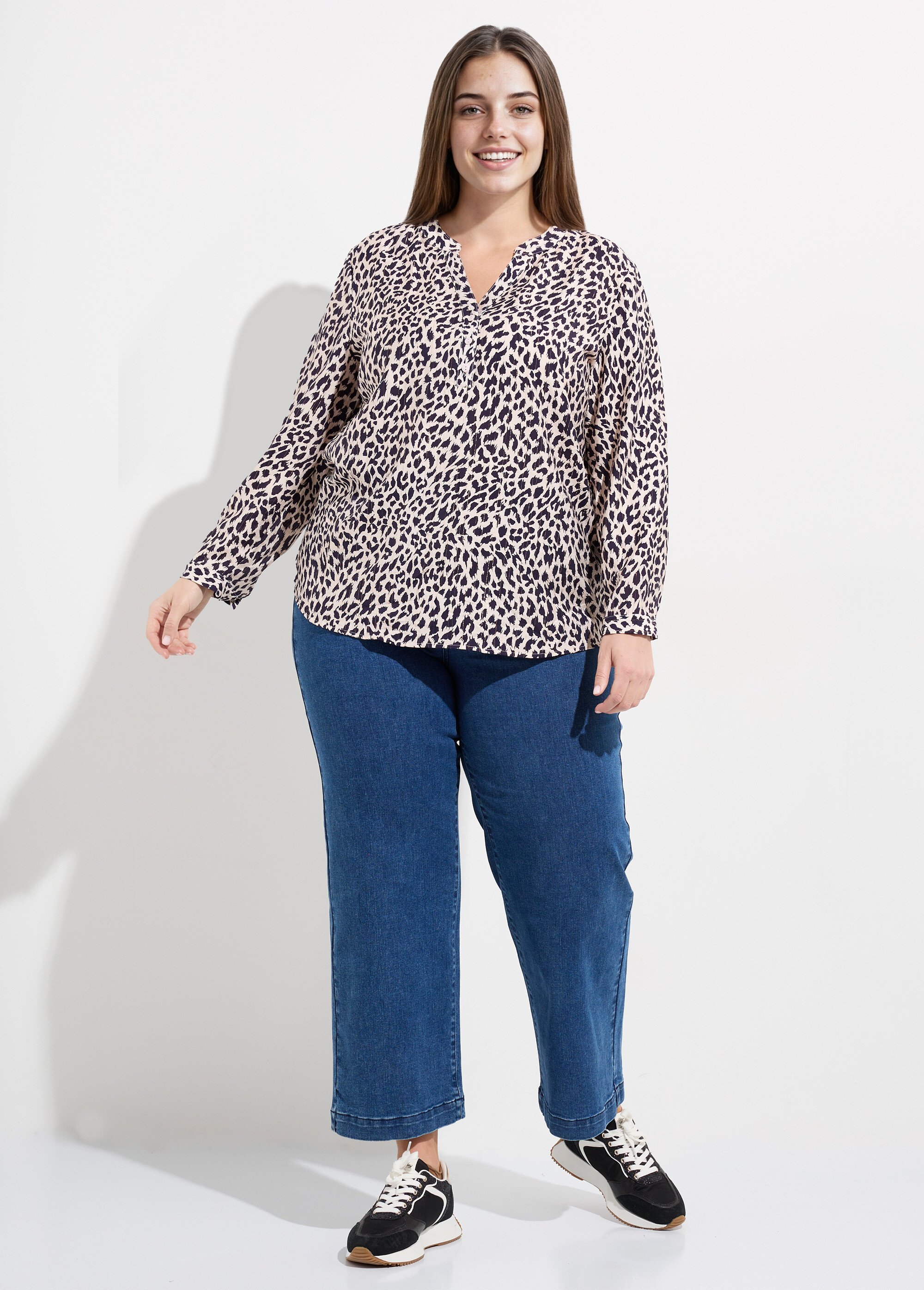 Tunique col V boutonné, taches léopard Femme Grande Taille Bleu CHY-F633 SF1