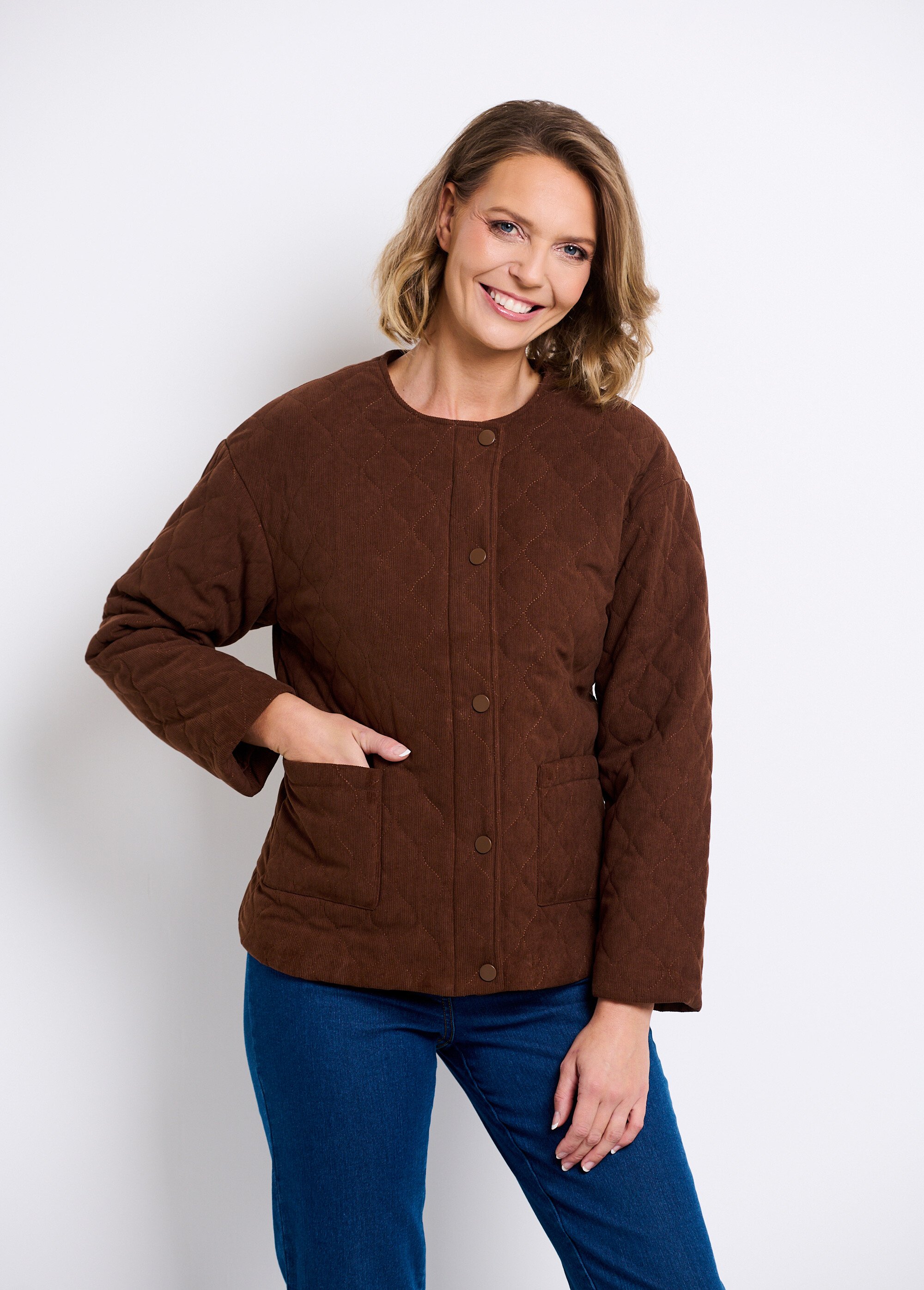 Veste matelassée sans col à pressions Femme Marron DA-5561 FA2