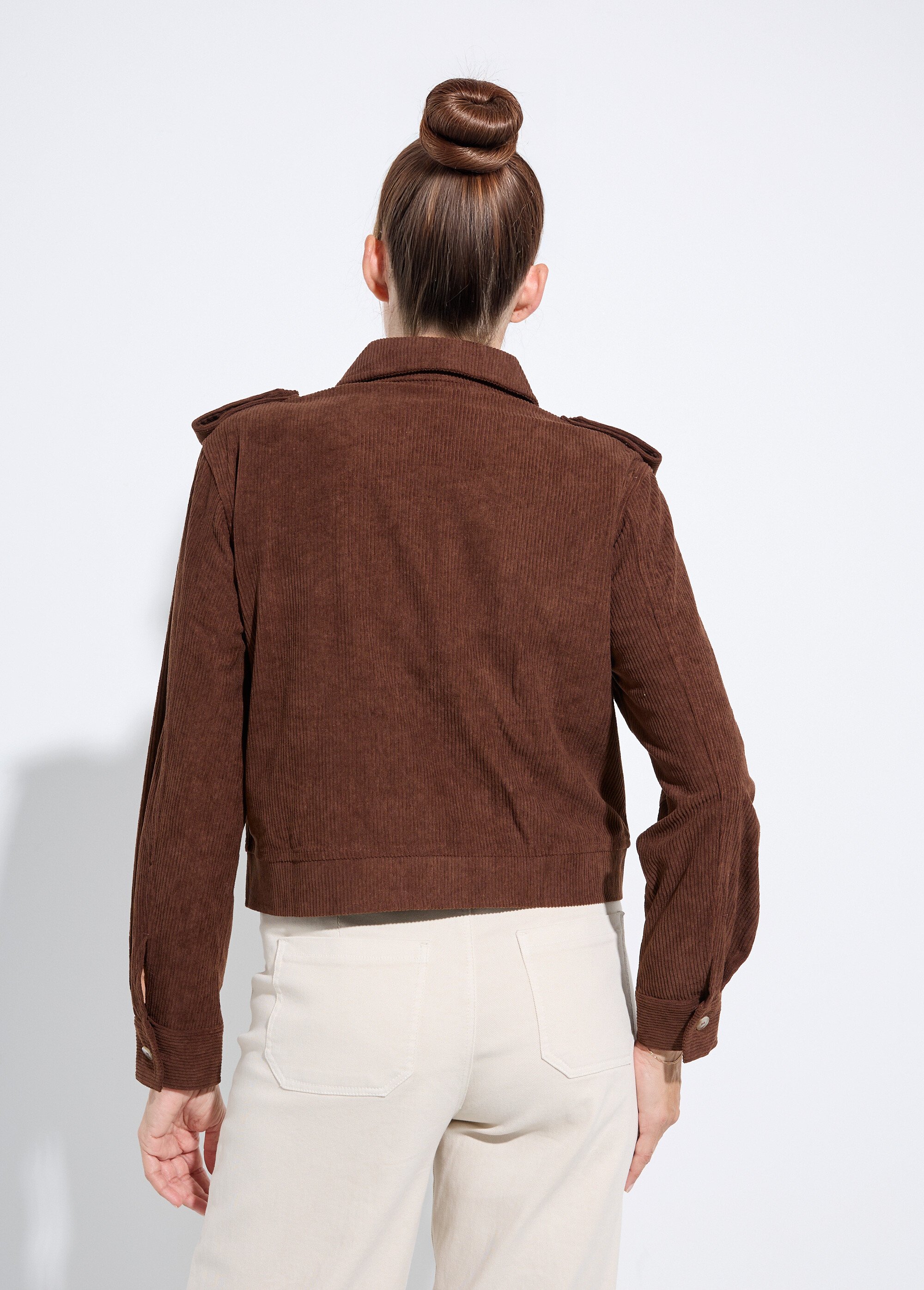 Blouson zippé court velours grosses cotes Femme Marron IA-Q3231 DO1